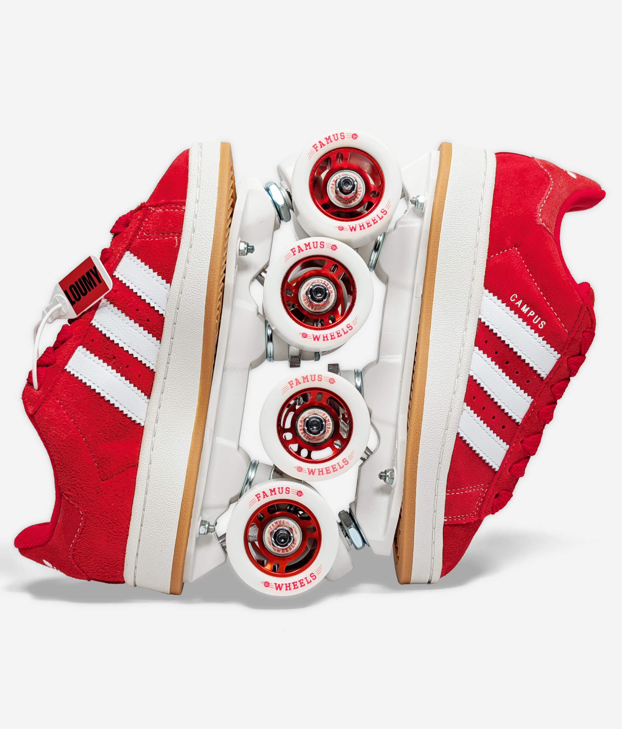 Red Adidas Campus roller skate sneakers by Loumy's World displayed vertically with interlocked wheels and red metallic rims