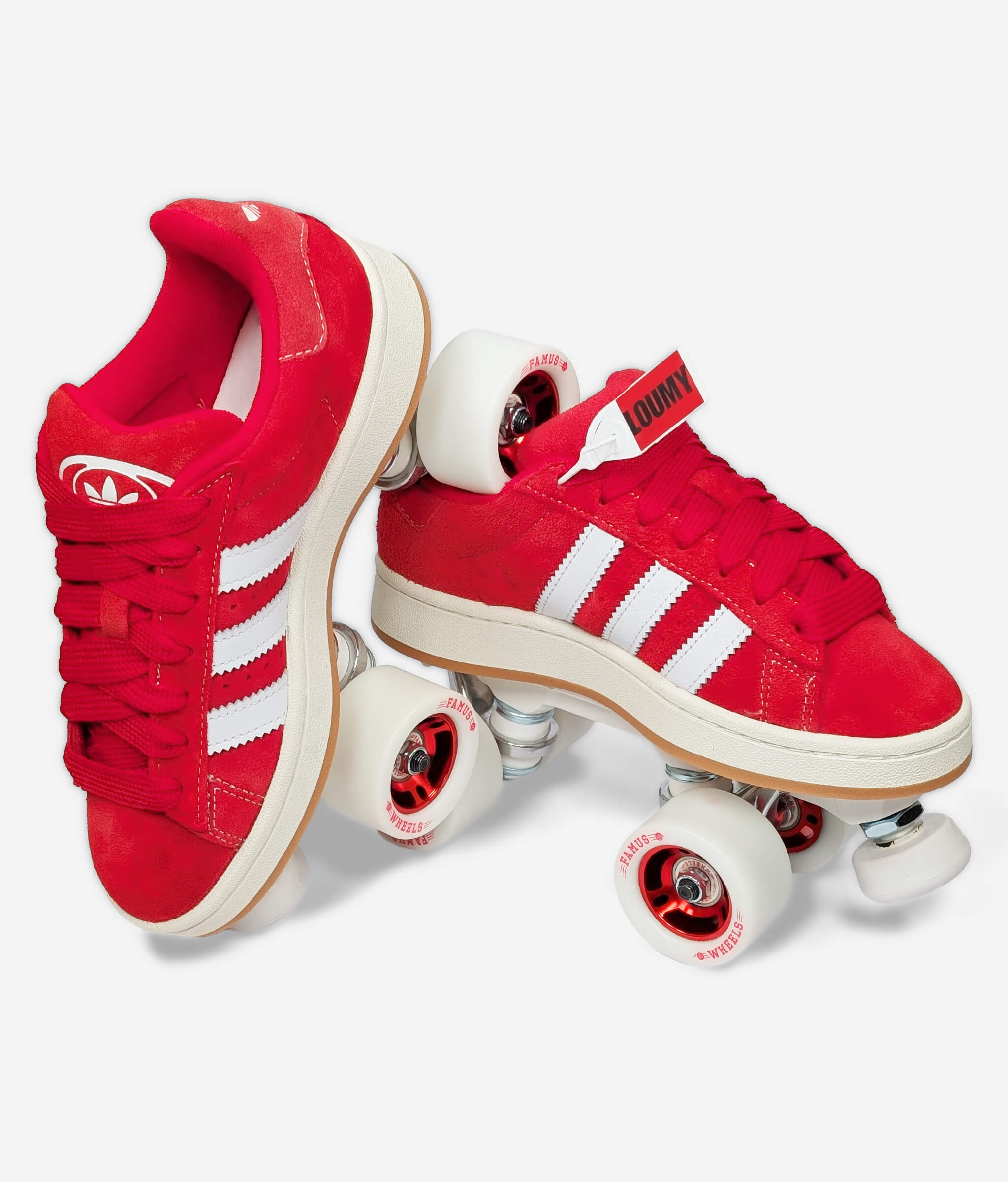 Adidas Campus roller skate sneakers by Loumy's World in red, with one tilted and balanced on the other, featuring white wheels with matching metallic hubs