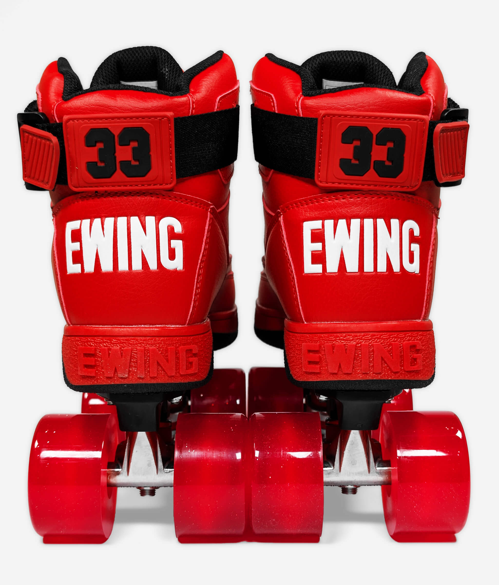 Back view of the Ewing 33 Hi x Orion Rebound roller skate sneakers by Loumy's World in red and black with red luminous wheels