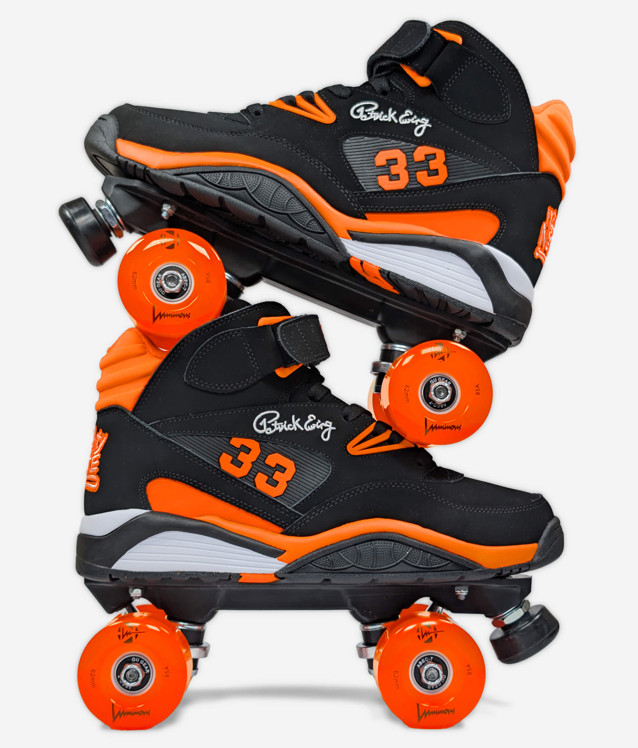 Side profile of the Ewing Kross x Naughty by Nature roller skate sneakers made by Loumy's World stacked one over the other