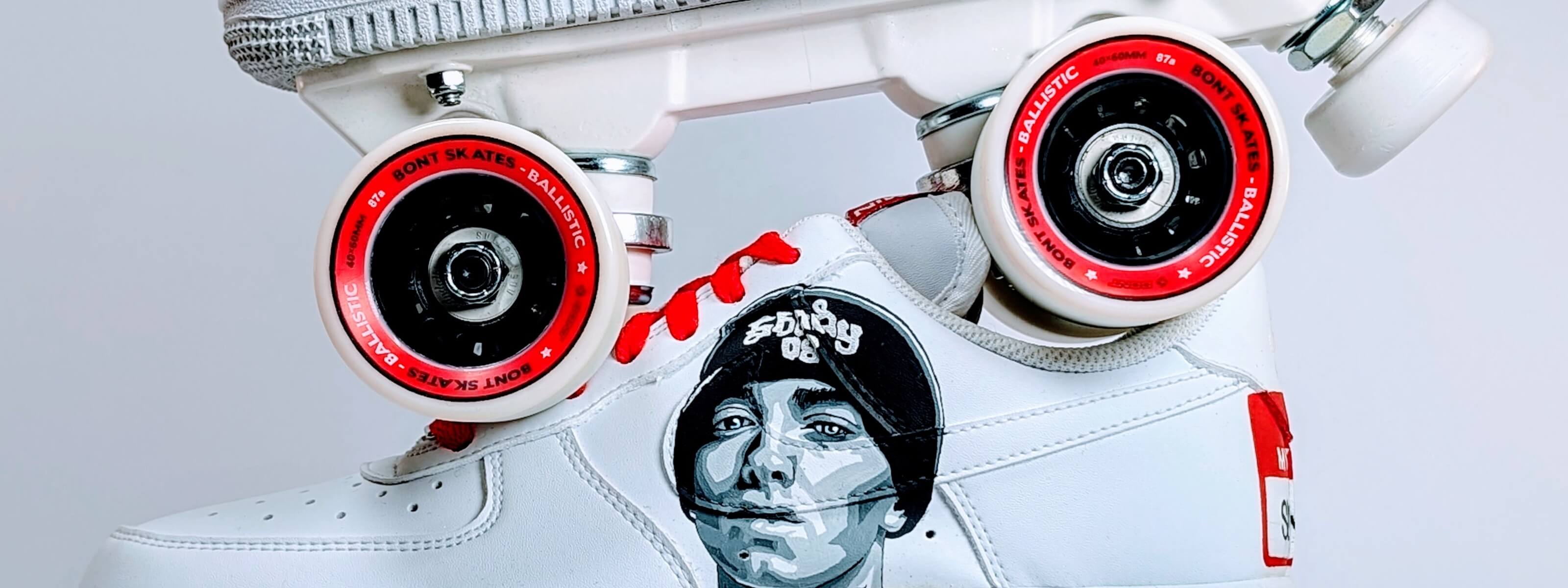 LOUMY x KAZY Slim Shady custom roller sneaker made from white Nike Air Force 1 with Eminem drawings