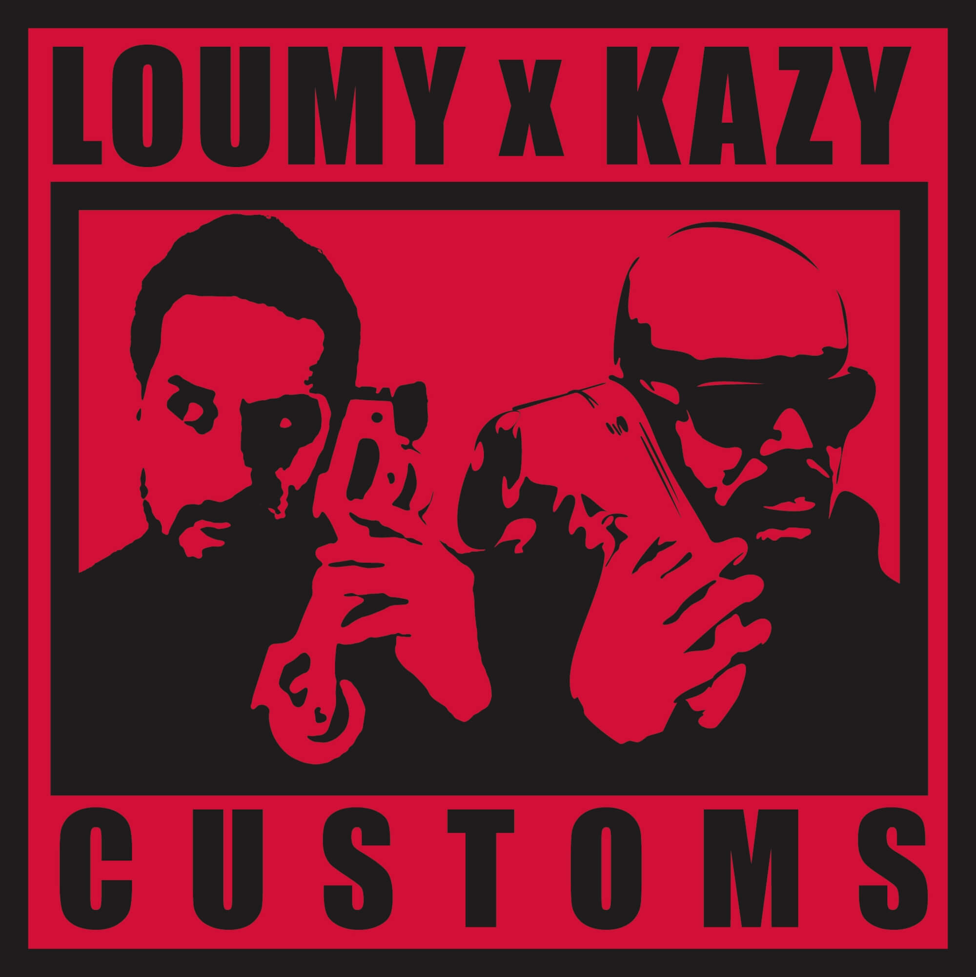 LOUMY x KAZY logo in red and black stencil style, iconic label for custom roller sneakers