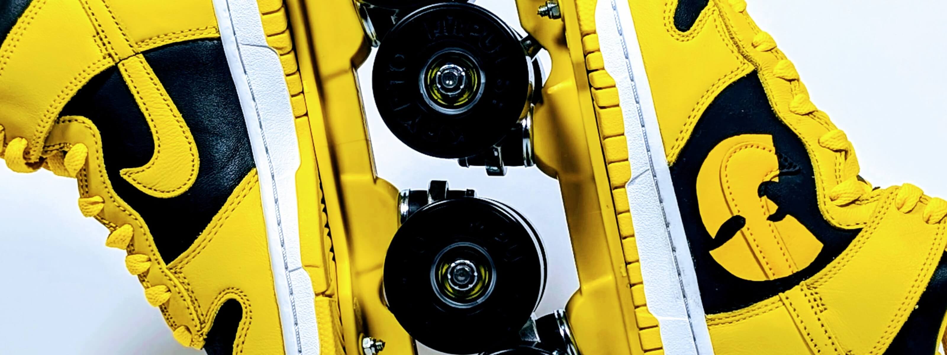 LOUMY x KAZY custom roller sneakers made from black and yellow Nike Dunk Iowa, featuring the Wu-Tang Clan logo