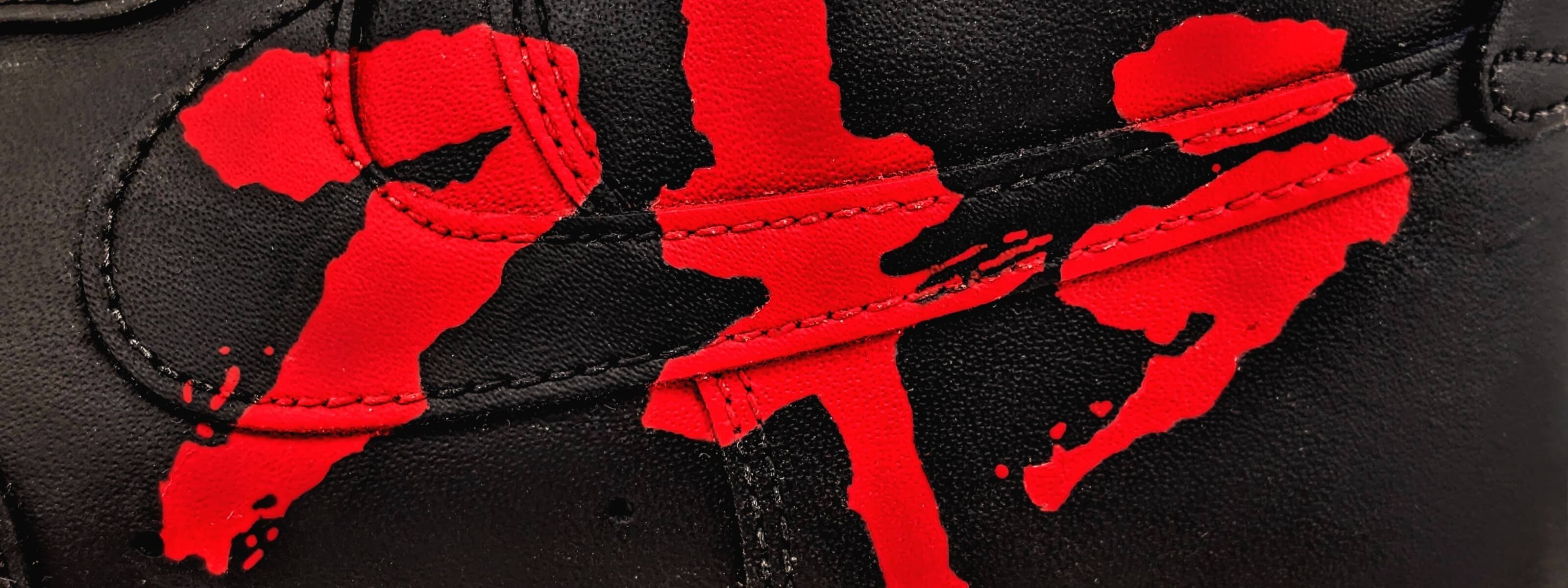 LOUMY x KAZY custom roller sneakers made from Nike Air Force 1 High, with red Akira kanji painted over the swoosh