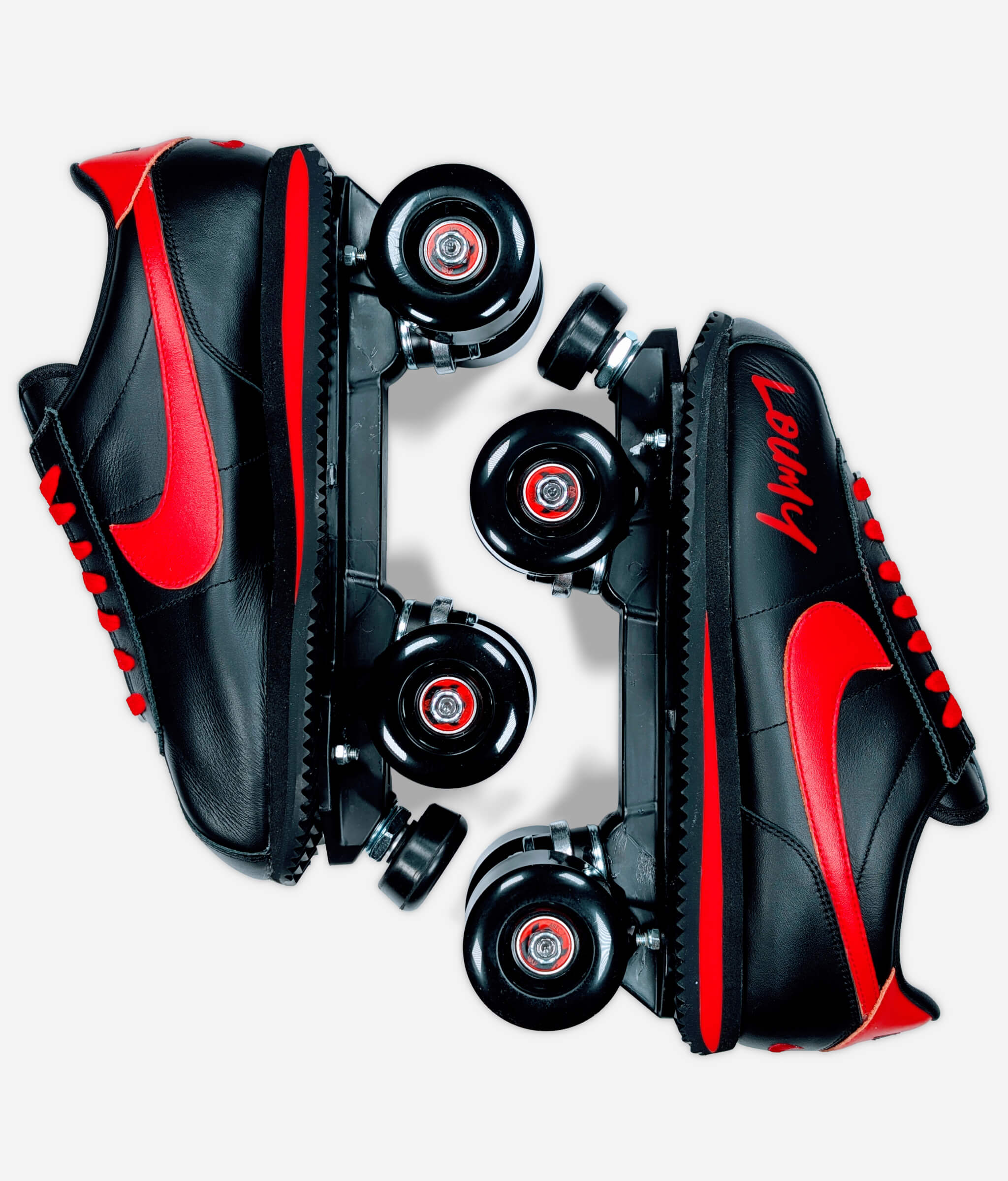 Custom Nike Cortez roller skate sneakers by Loumy x Kazy in mirrored position, featuring black leather, vivid red details, and graffiti-style Loumy tag
