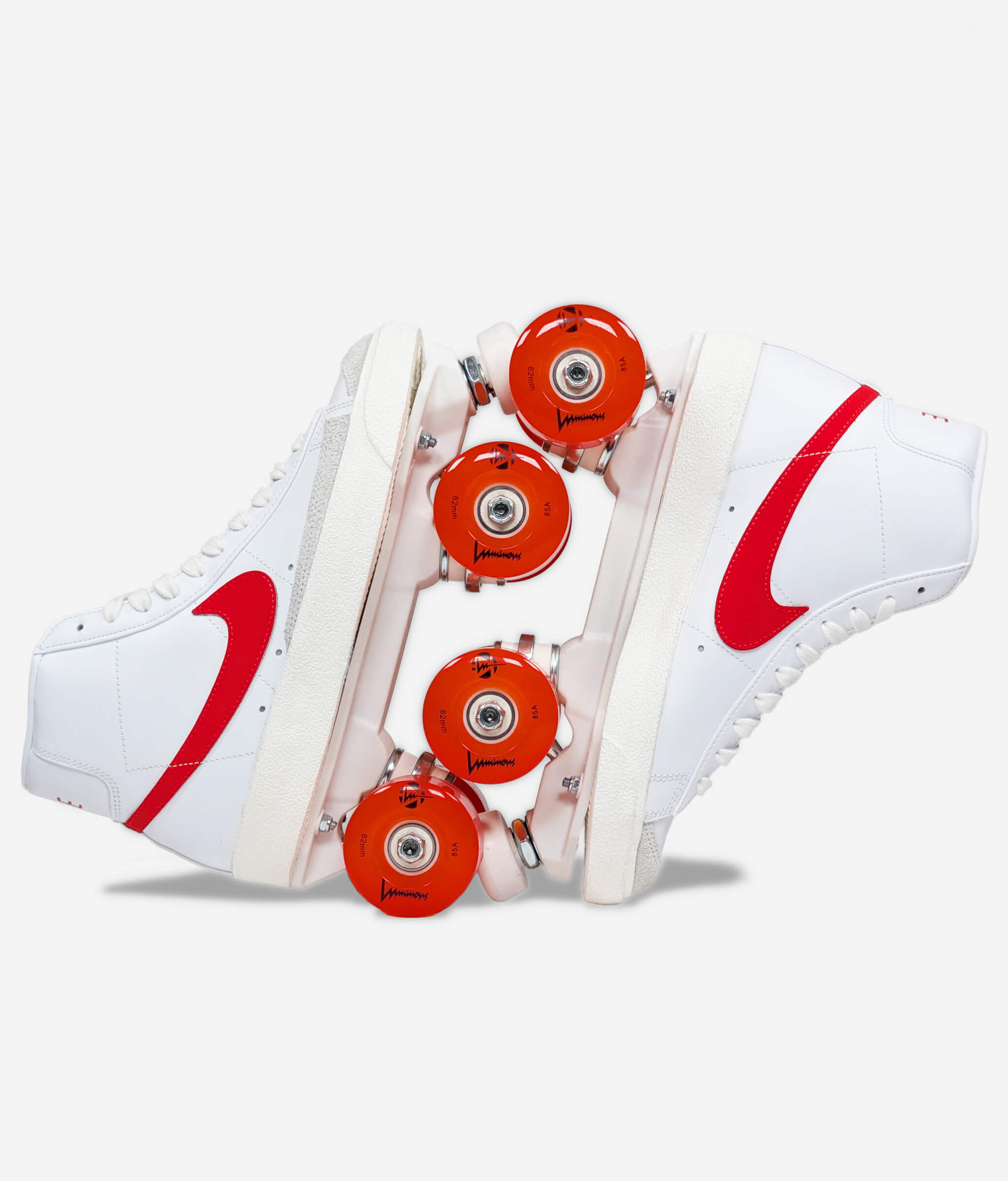 Nike Blazer Habanero roller skate sneakers by Loumy's World in white and orange, displayed vertically with interlocked LED wheels