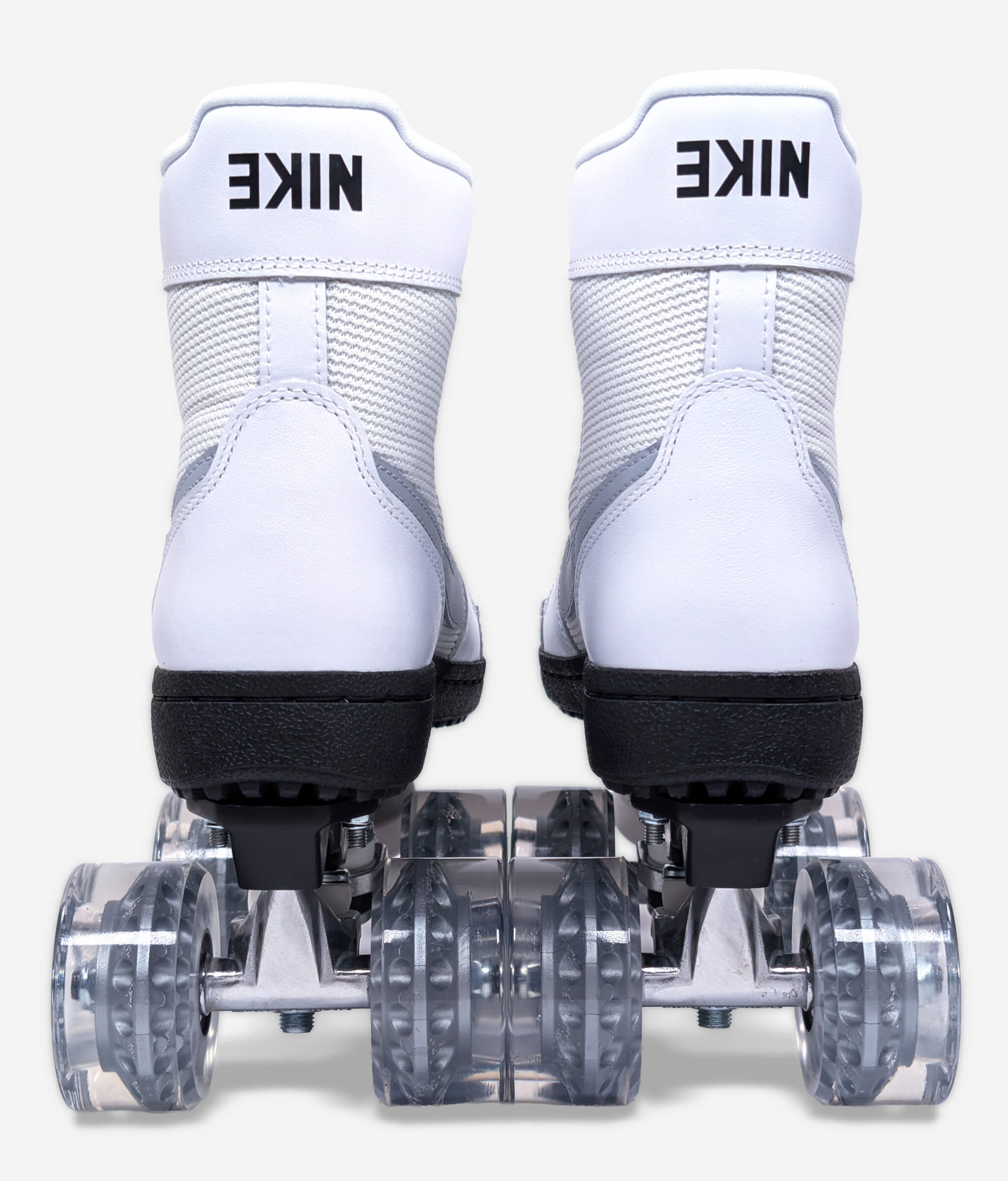 Back view Nike Field General High x Stranger Things roller skate sneakers by Loumy's World in white, grey and black with upside down Nike logo