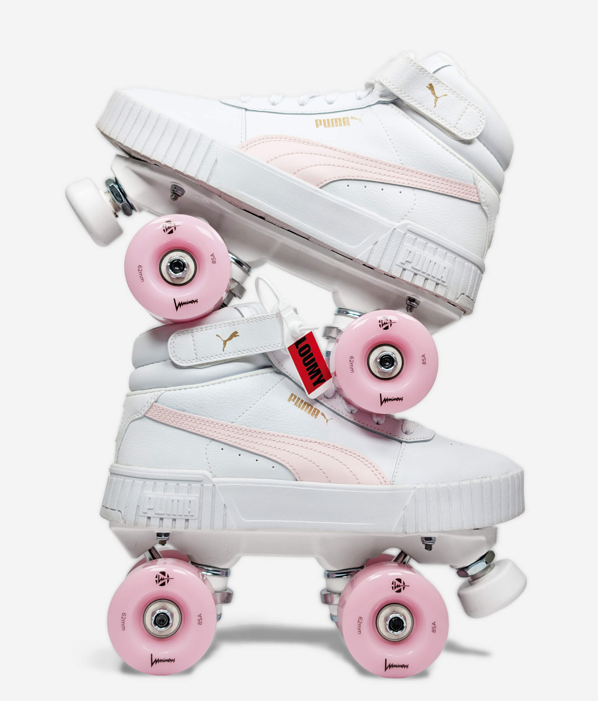 Side profile of Loumy's Puma Carina roller skate sneakers stacked one over the other