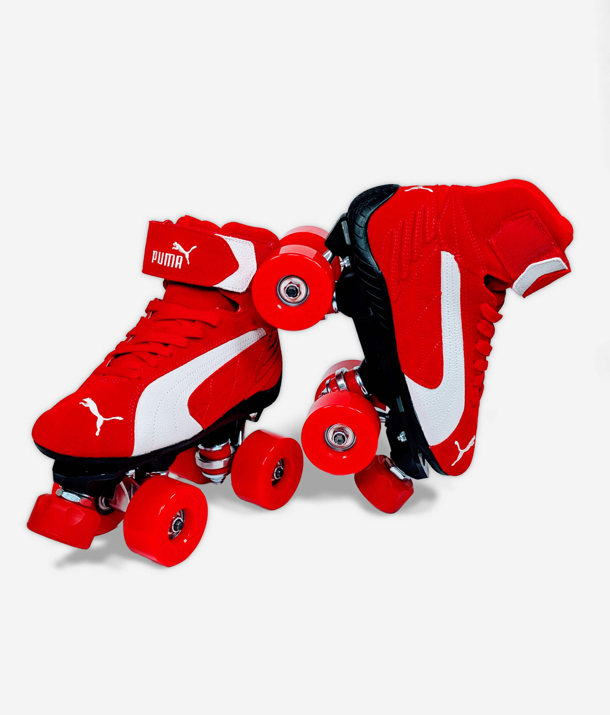 Loumy’s Puma Speedcat Mid roller skate sneakers in red and balck, in a tilted view