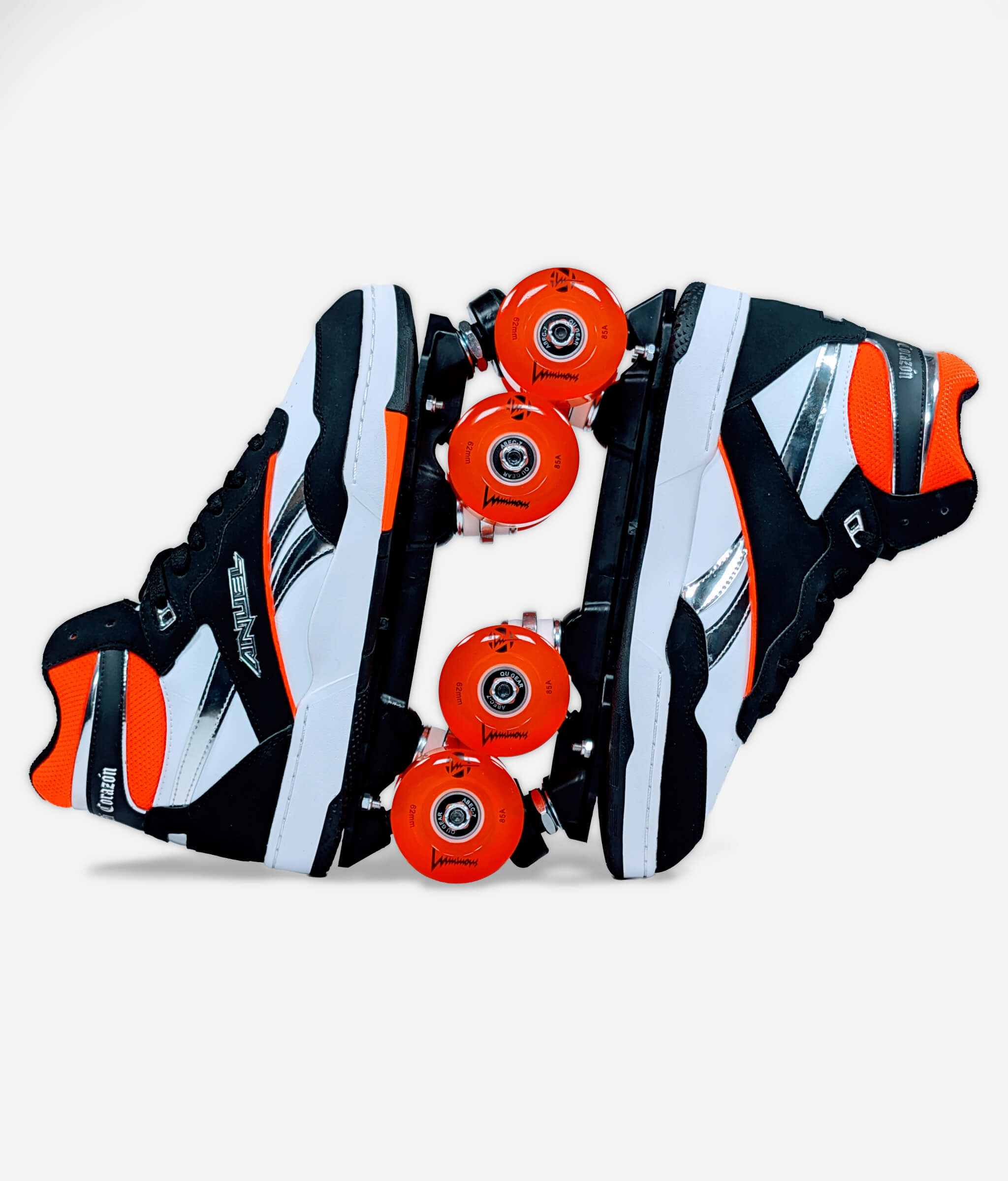 Reebok x Anuel AA BB 4000 II Mid Retro Basketball roller skate sneakers by Loumy in orange and black, displayed with interlocked wheels