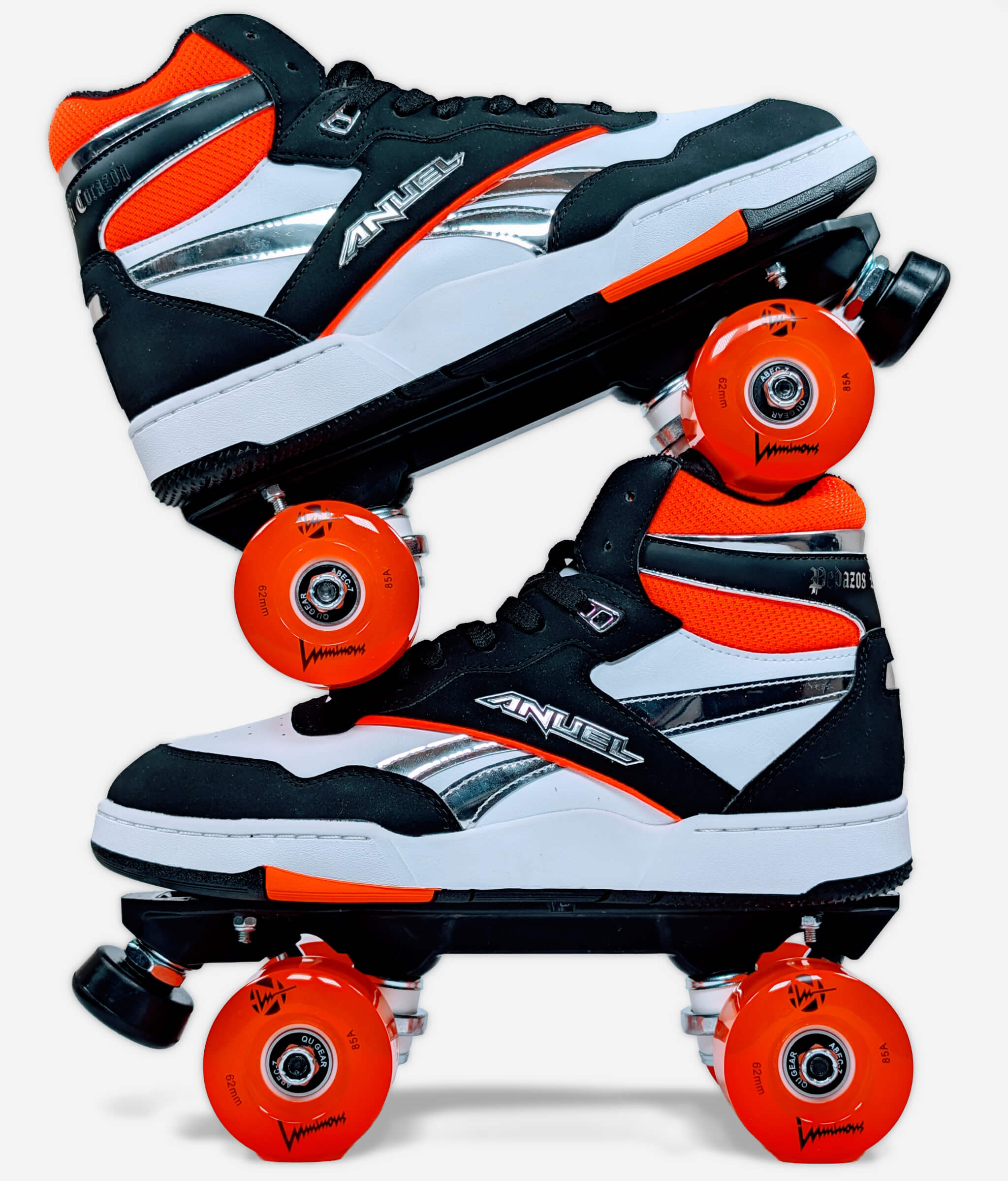 Side view of Loumy's Reebok x Anuel AA BB 4000 II Mid roller skate sneakers stacked one over the other, orange and black