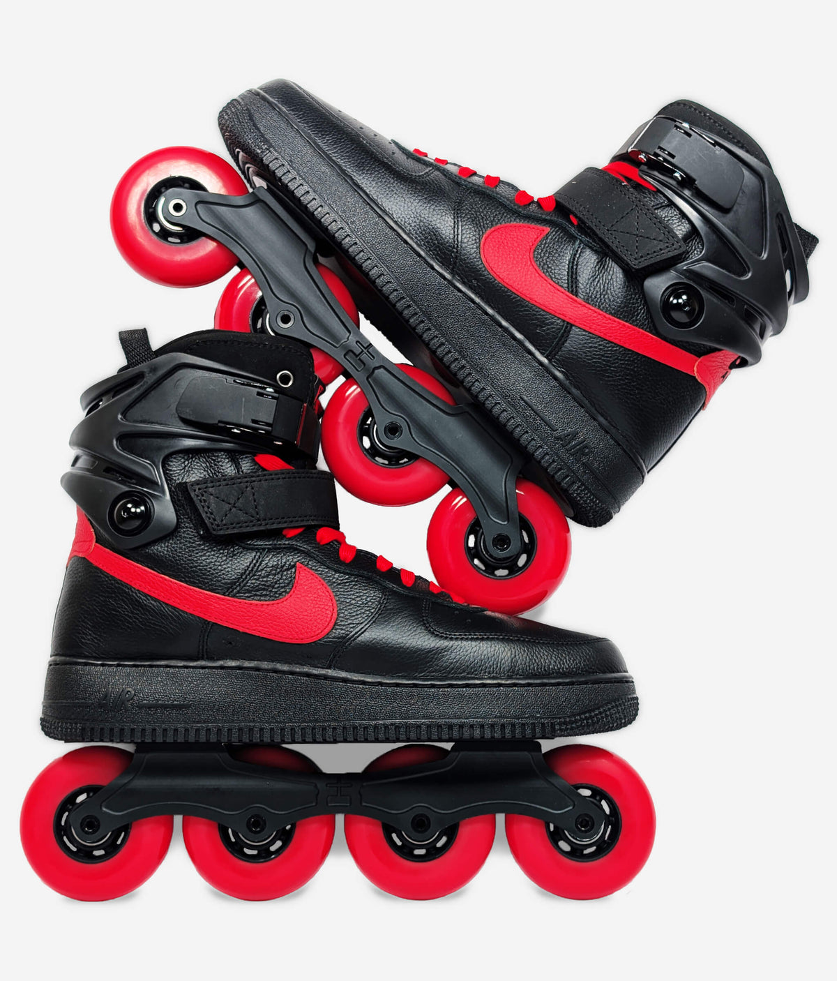 Nike Air Force 1 High Inline roller skate sneakers by Loumy’s World in black and red, stacked in opposite directions, with red Swoosh and wheels.