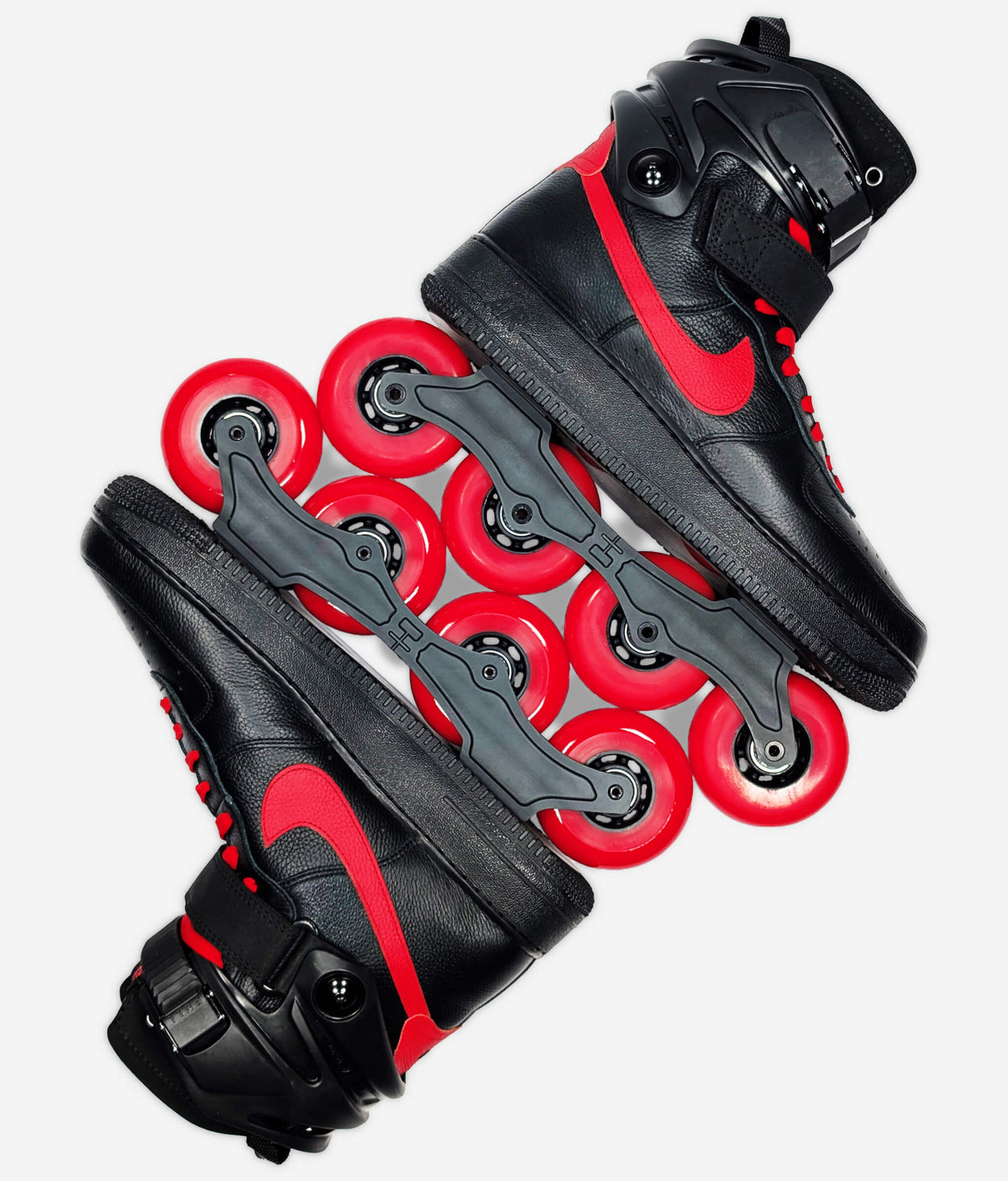 Nike Air Force 1 High Inline roller skate sneakers by Loumy’s World arranged diagonally with red wheels facing each other.