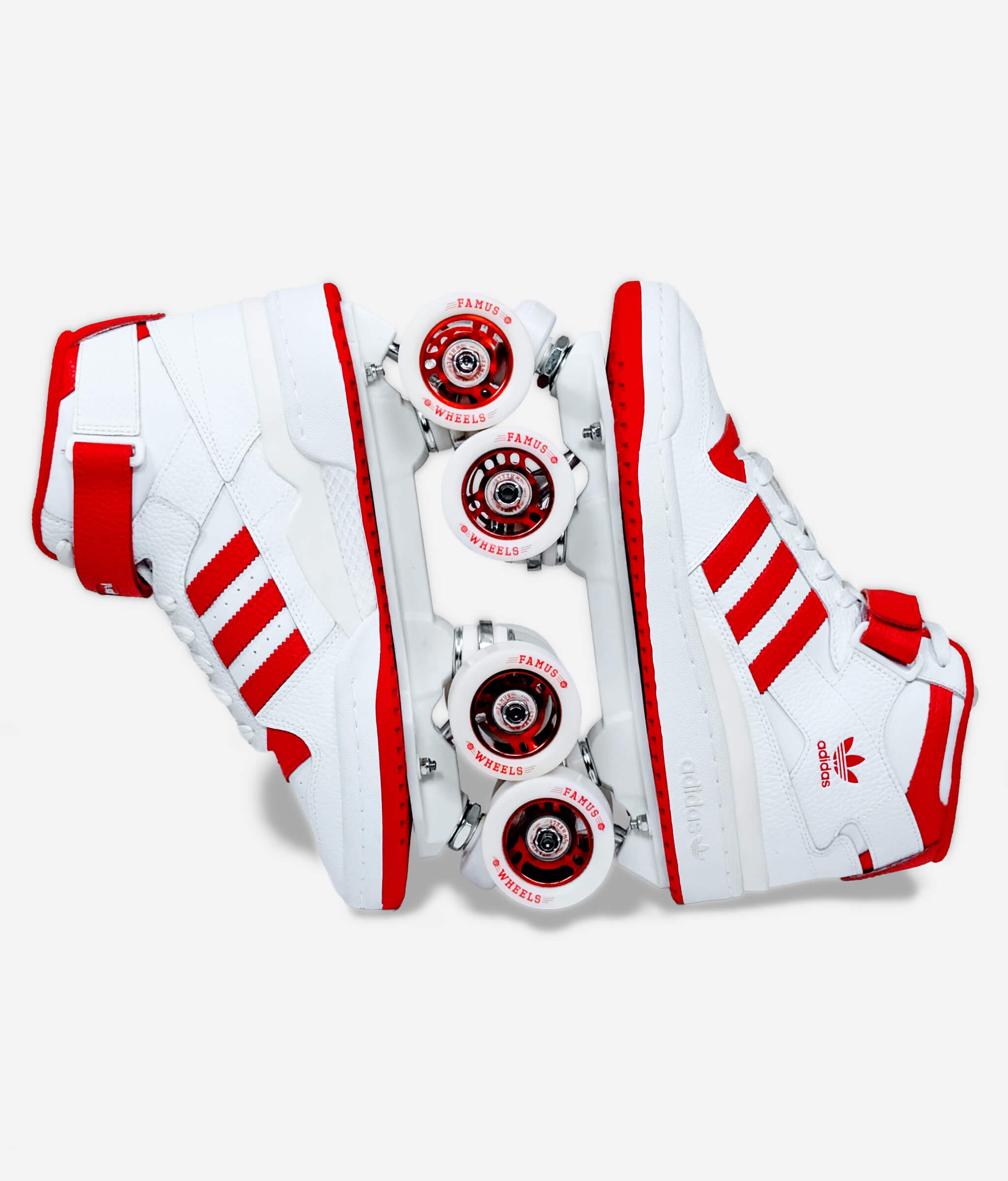 Adidas Forum roller skate sneakers by Loumy in white and red, displayed with interlocked wheels and metallic hubs