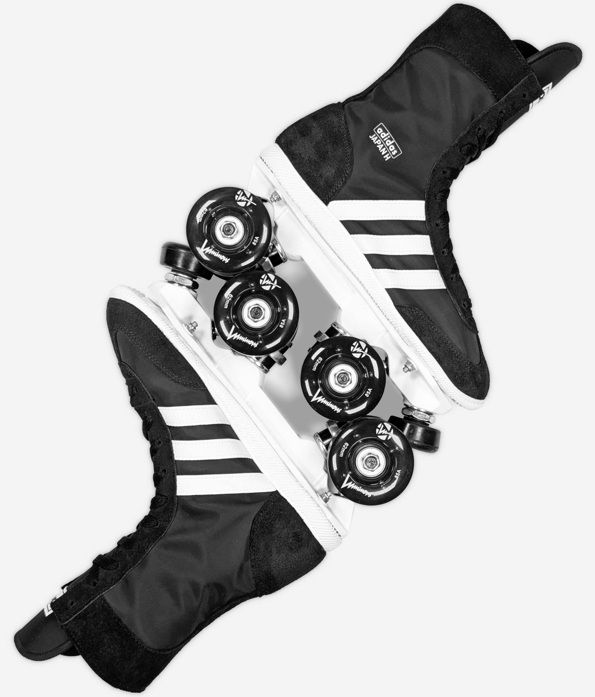 Adidas Japan H roller skate sneakers by Loumy's World in black and white, in a mirrored position