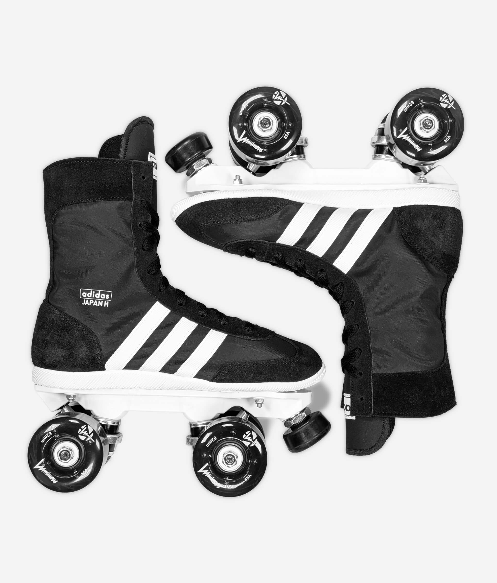 Adidas Japan H roller skate sneakers by Loumy's World in black and white, in a symmetrical position