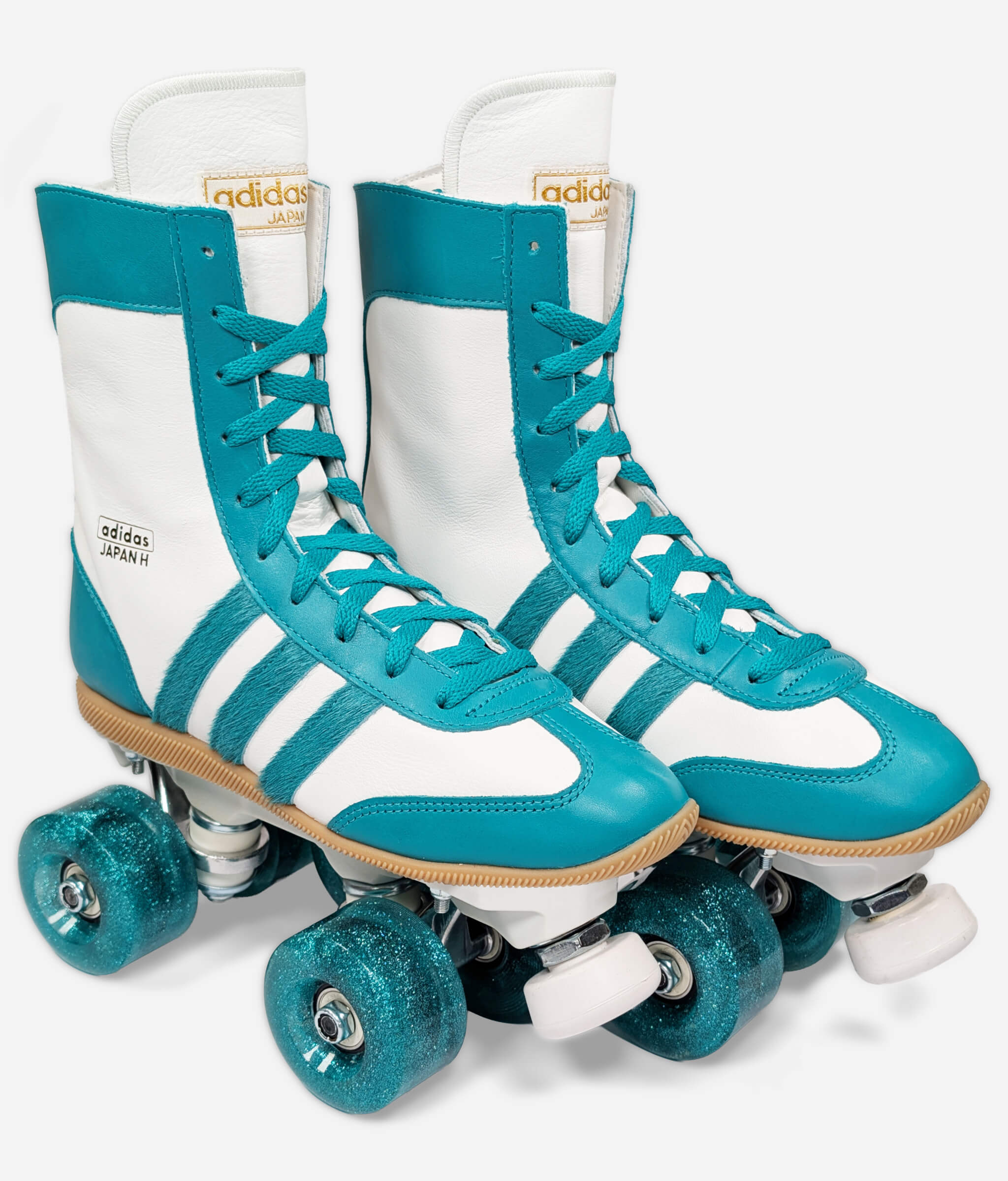Adidas Japan H Teal roller skate sneakers by Loumy’s World in white and teal leather