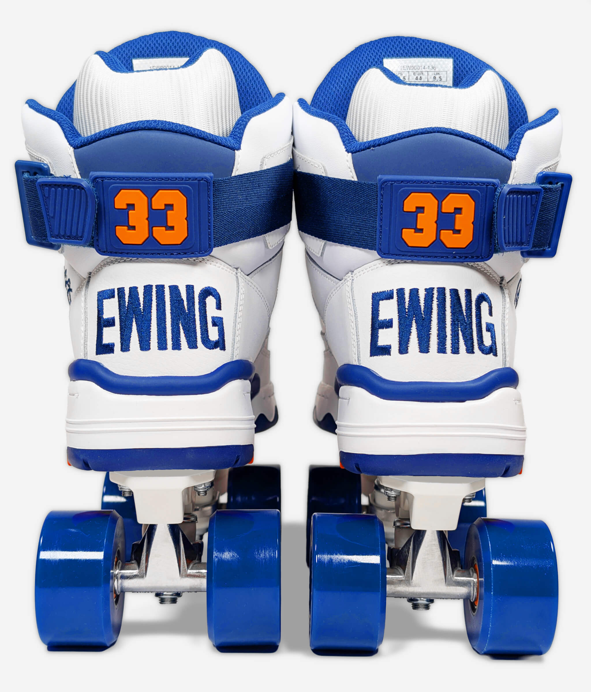 Back view of Ewing 33 HI OG roller skate sneakers made by Loumy's World with blue wheels