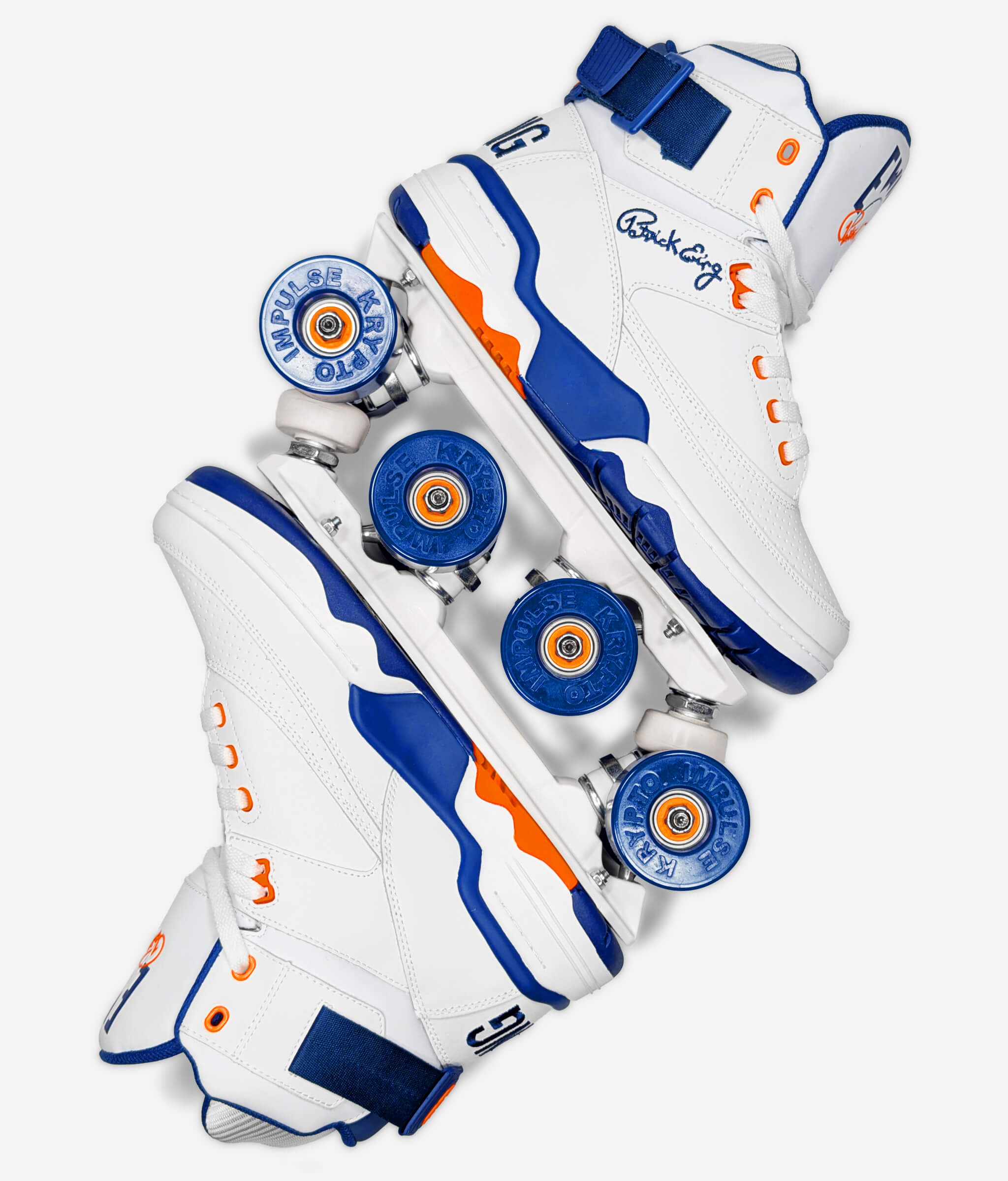 Ewing 33 HI OG roller skate sneakers by Loumy's World in white and blue, displayed with wheels interlocked