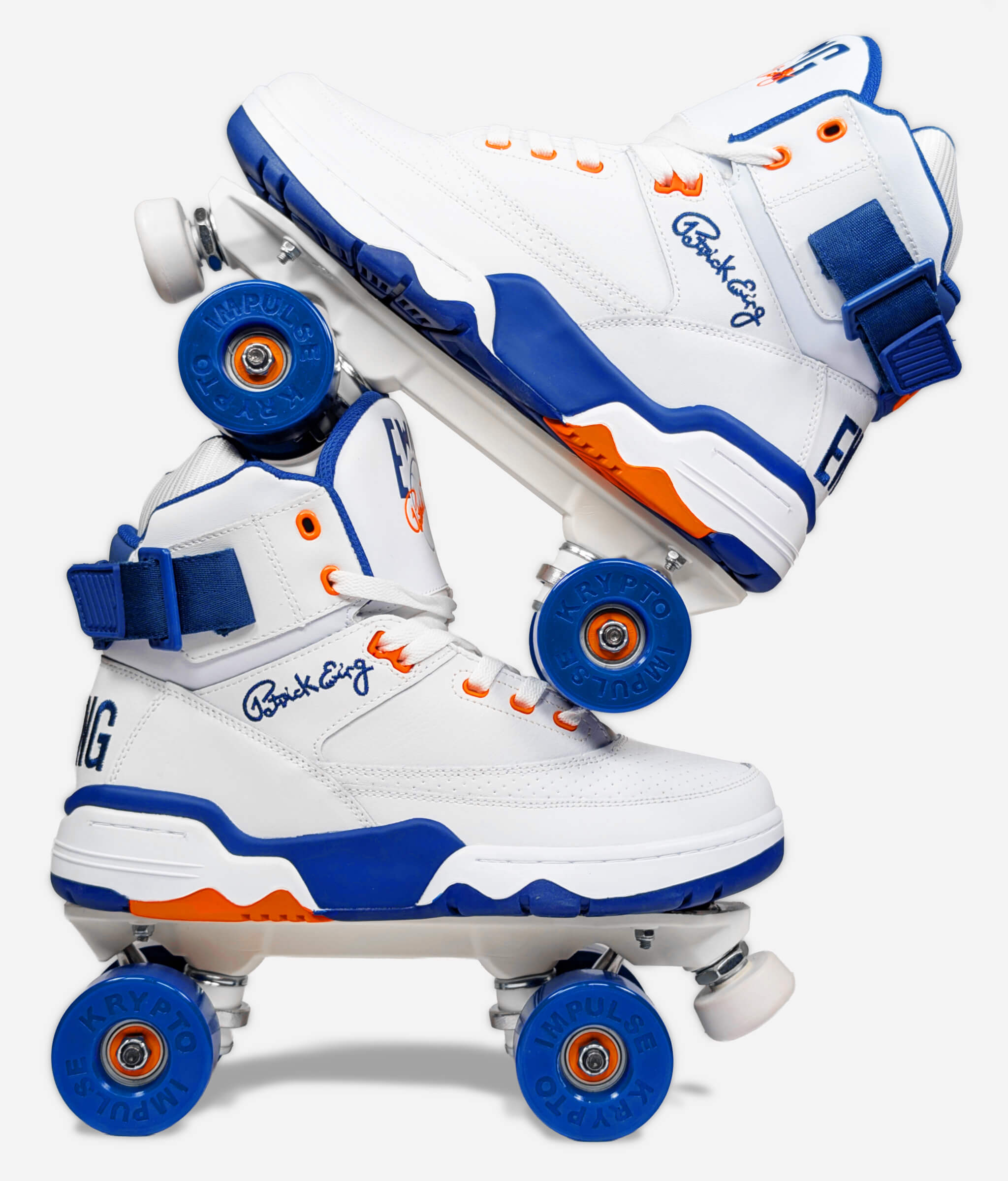 Side profile of the Ewing 33 HI OG roller skate sneakers made by Loumy's World stacked one over the other