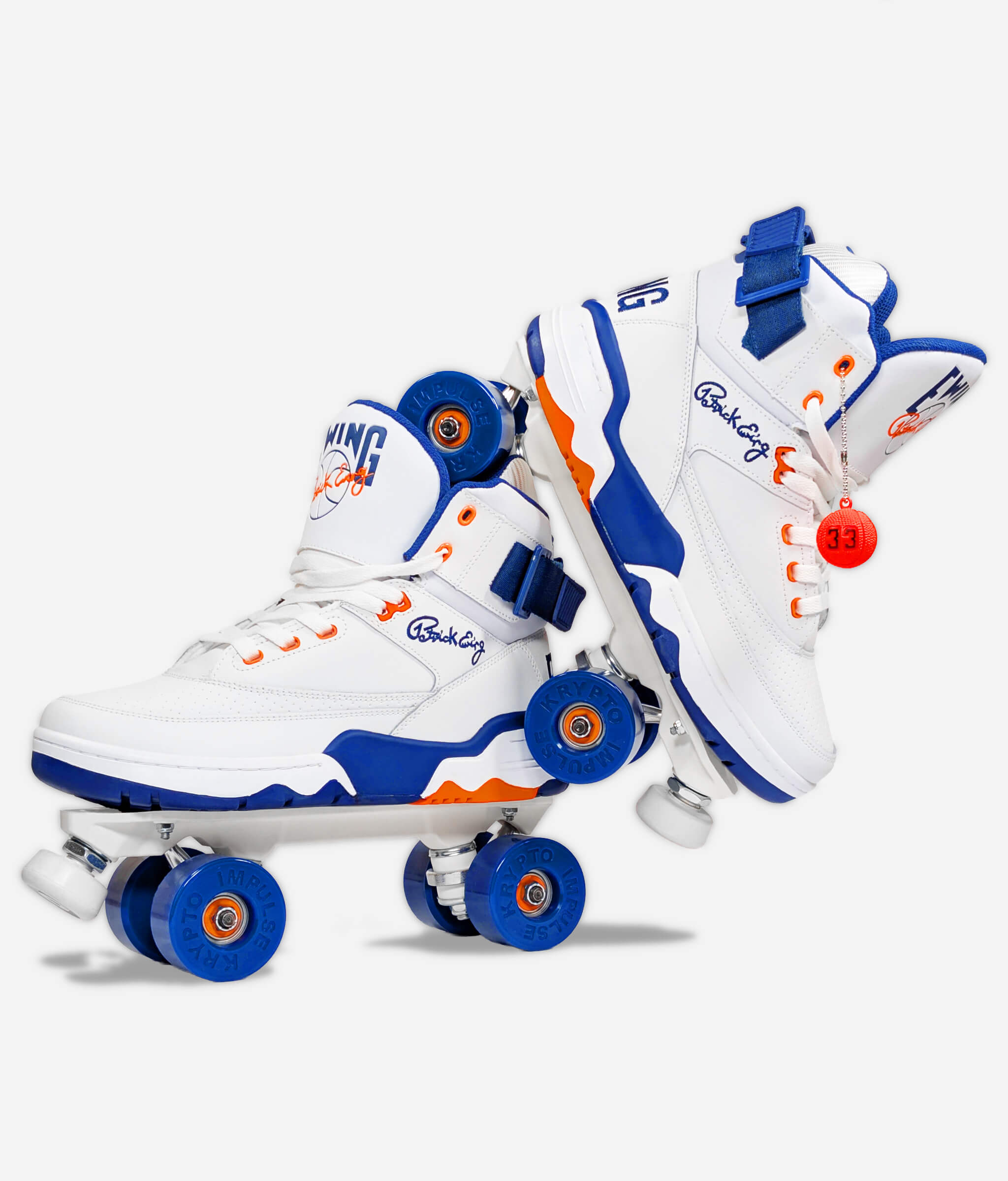 Ewing 33 HI OG roller skate sneakers made by Loumy's World in white and blue, with one tilted roller skate balanced on the other