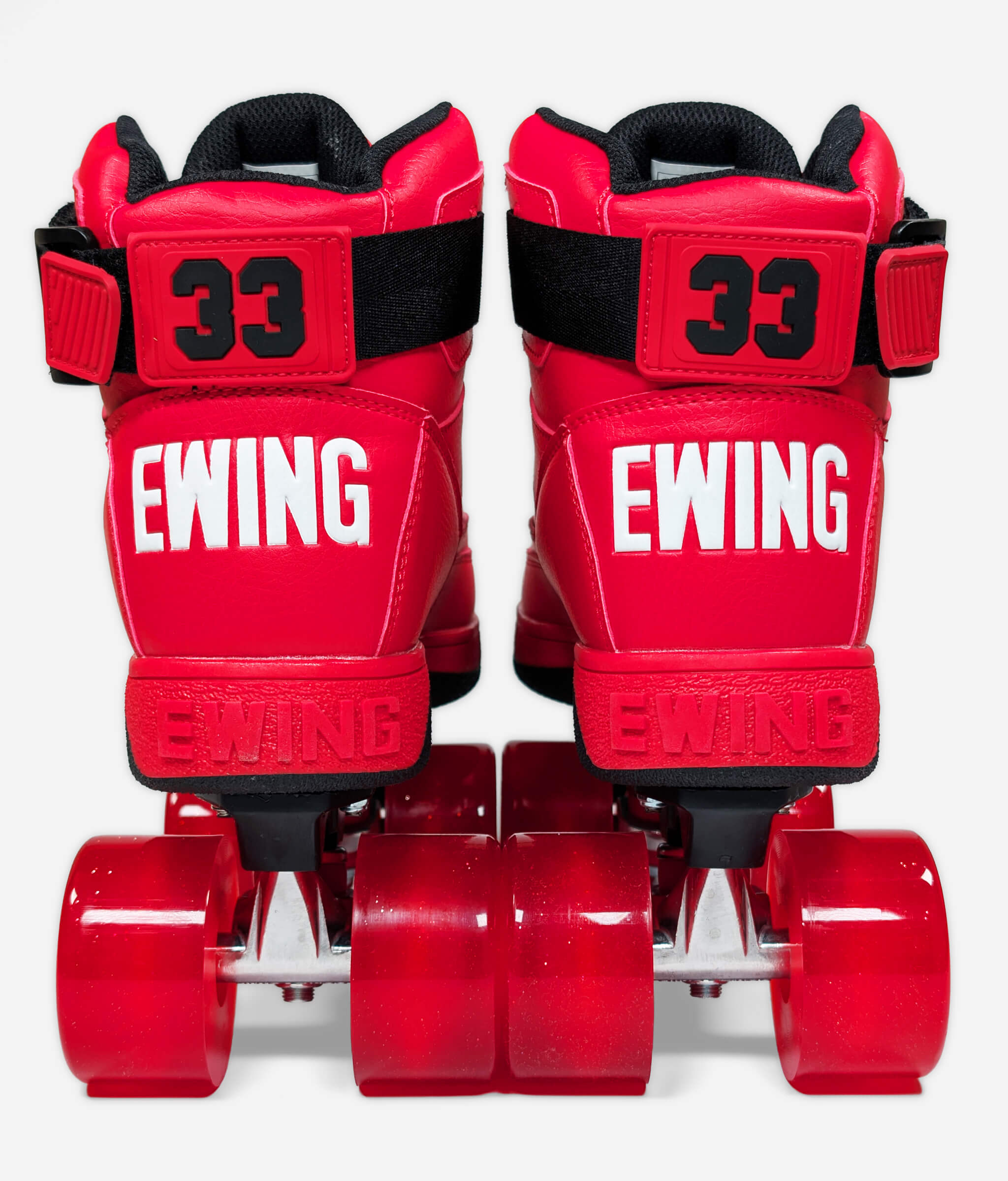 Back view of the Ewing 33 Hi x Orion Rebound roller skate sneakers by Loumy's World in red and black with red luminous wheels