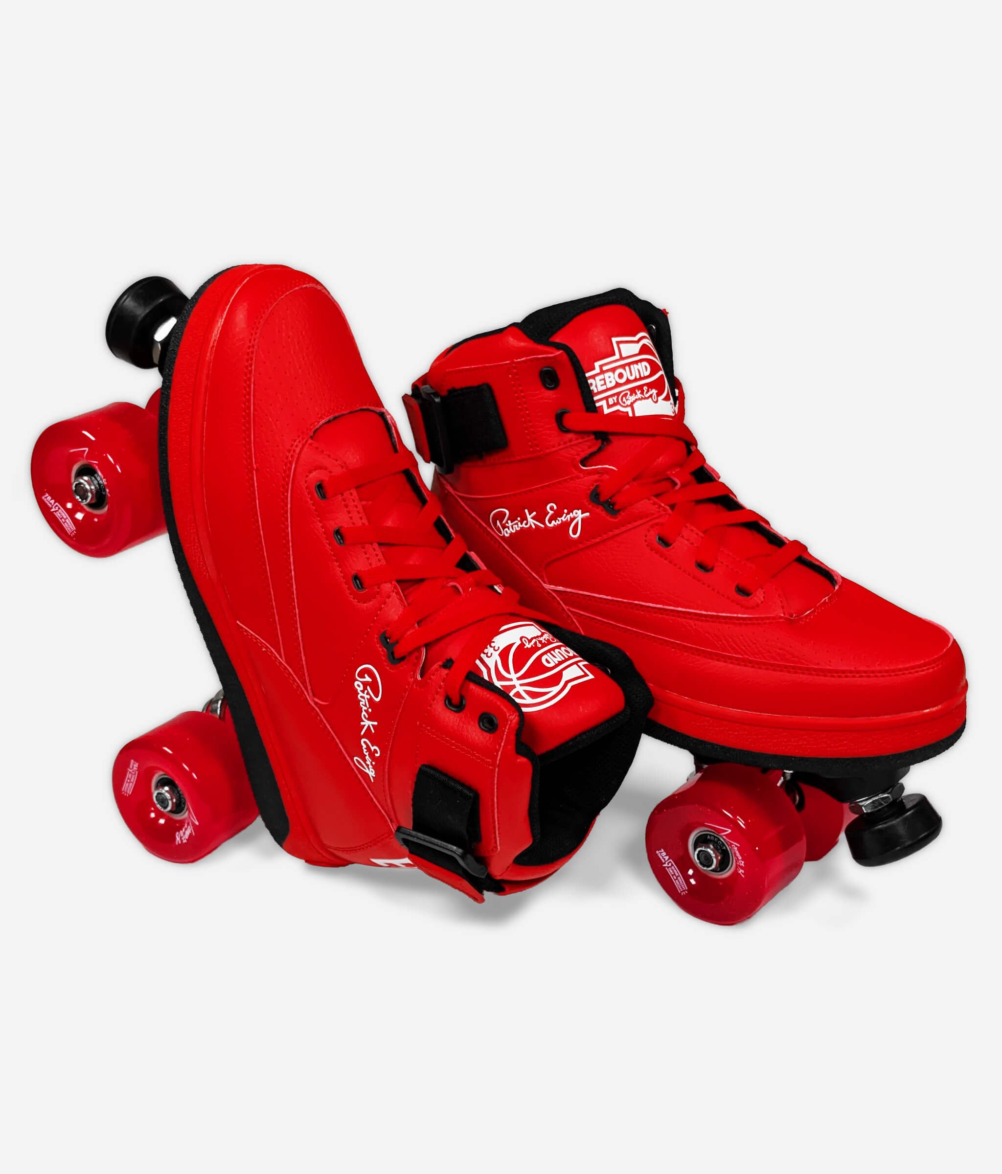 Ewing 33 Hi x Orion Rebound roller skate sneakers by Loumy's World in red and black, one flat and one standing on the heel in side-by-side view, with red LED wheels