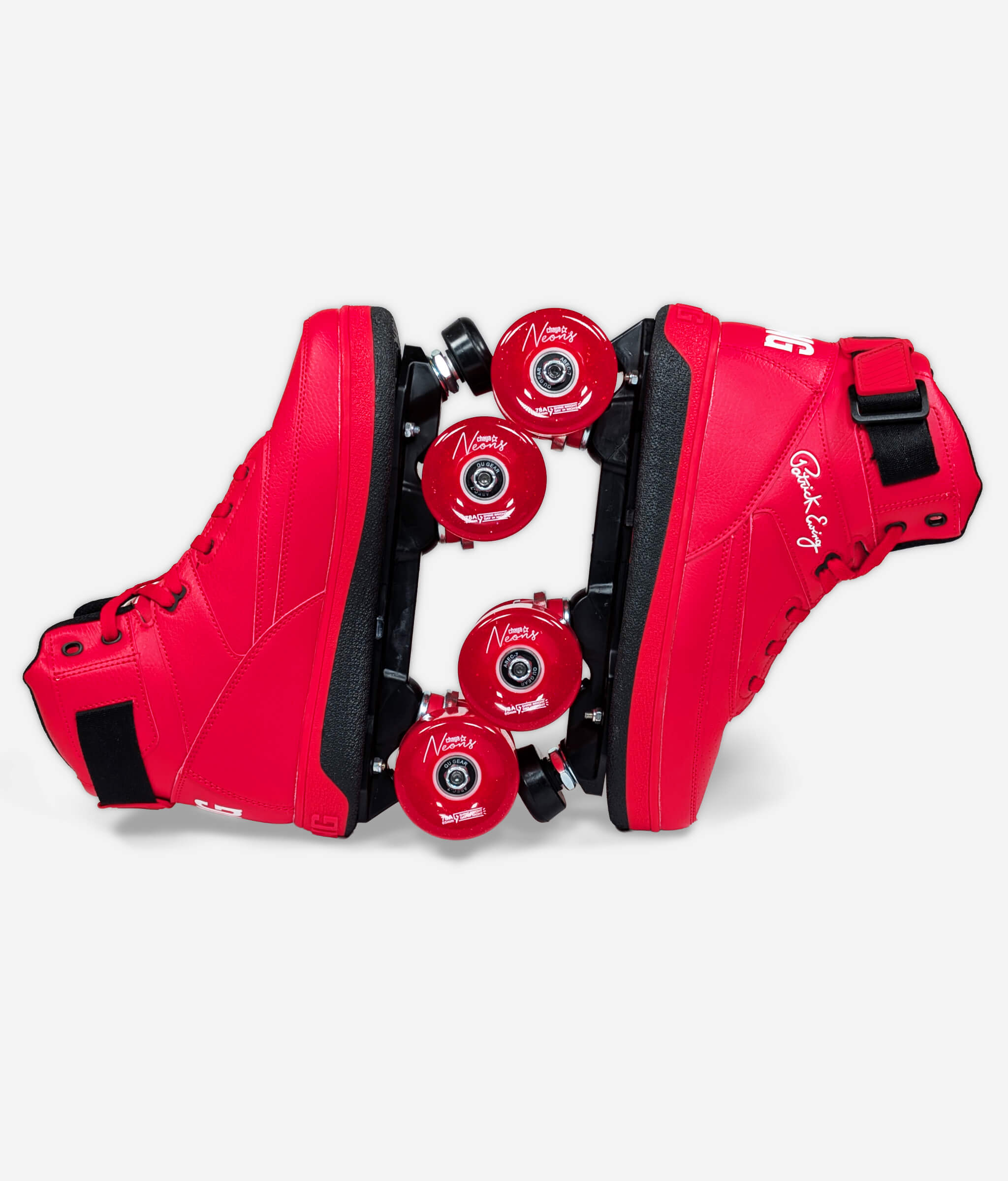 Red and black Ewing 33 Hi x Orion Rebound roller skate sneakers by Loumy's World, displayed vertically with interlocked wheels