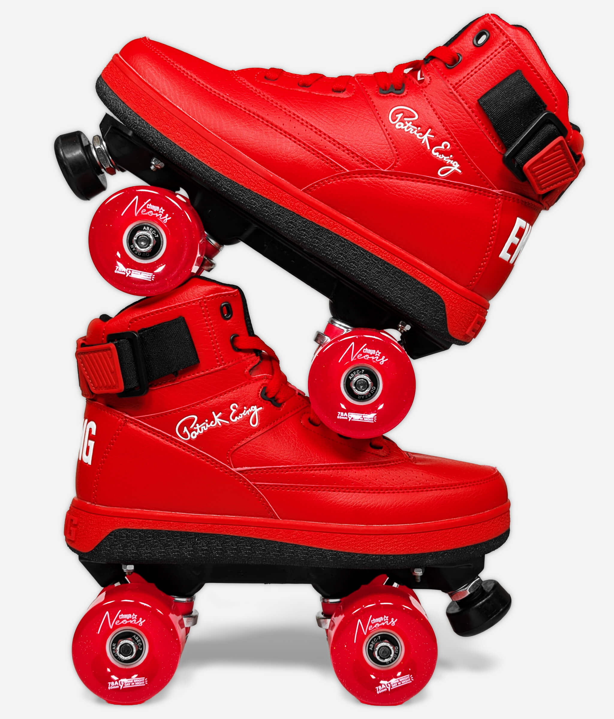Side profile of the Ewing 33 Hi x Orion Rebound roller skate sneakers by Loumy's World stacked one over the other