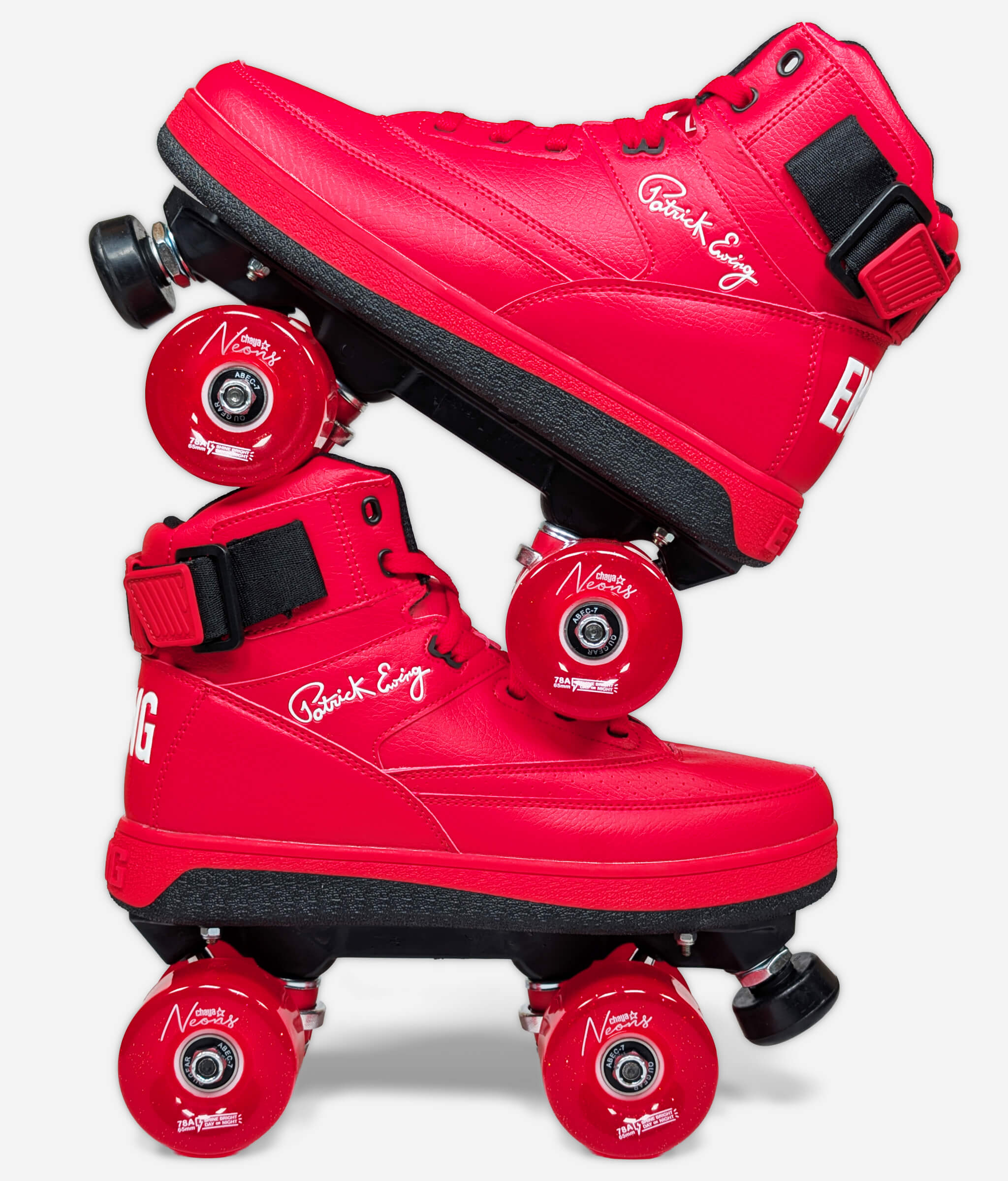 Side profile of the Ewing 33 Hi x Orion Rebound roller skate sneakers by Loumy's World stacked one over the other