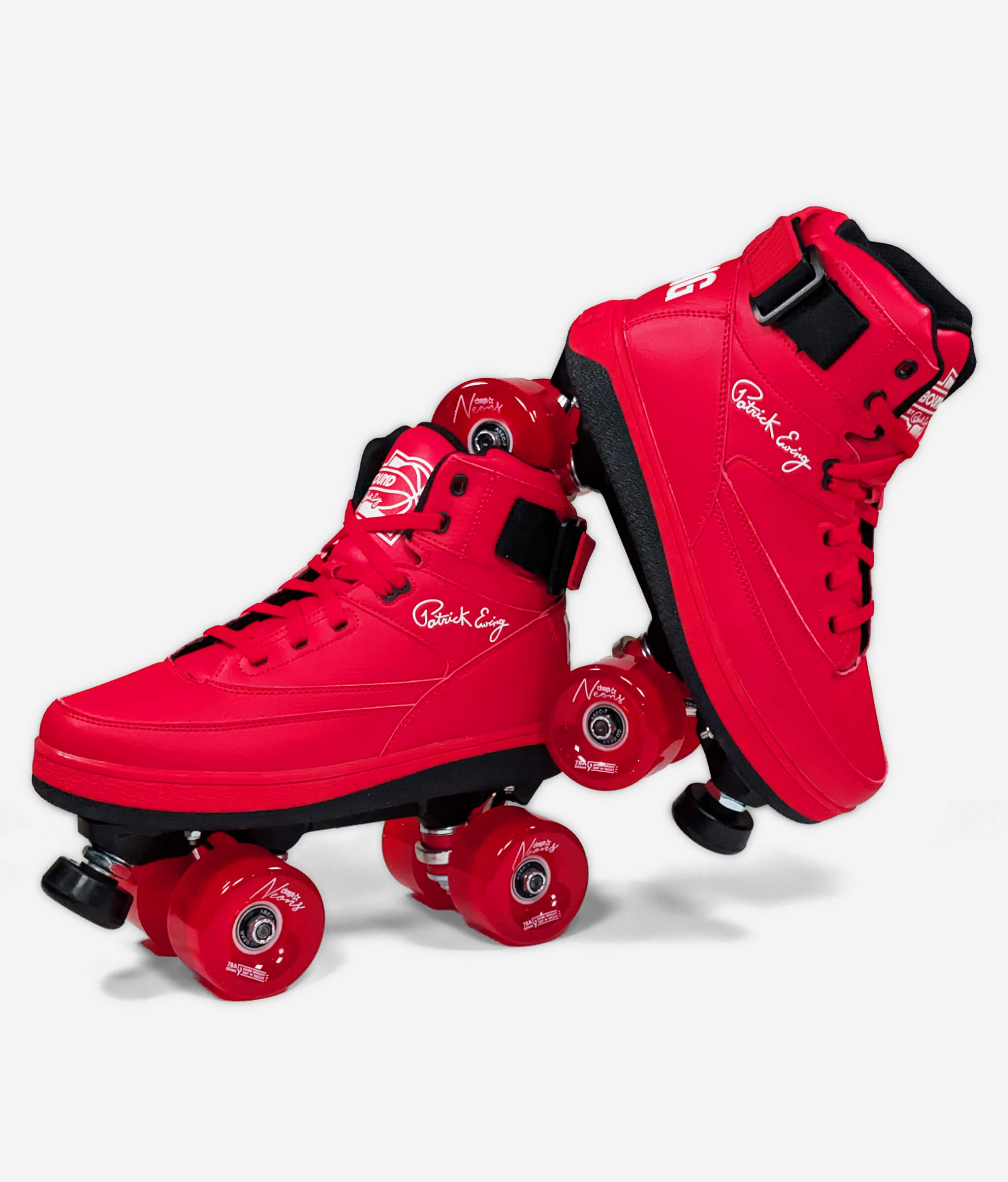 Ewing 33 Hi x Orion Rebound roller skate sneakers by Loumy's World in red and black, with one tilted roller skate balanced on the other, featuring luminous red wheels