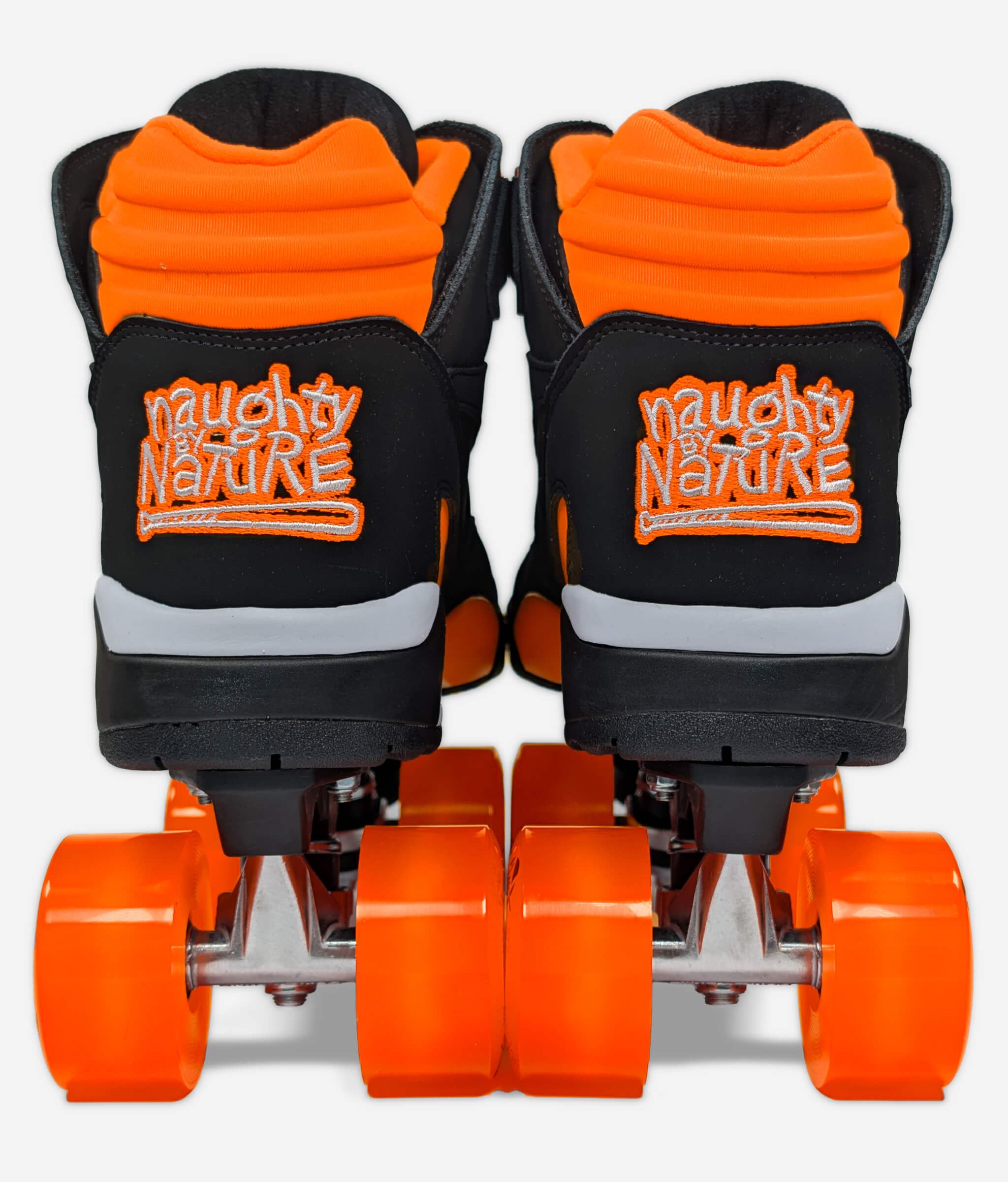 Back view of Ewing Kross x Naughty by Nature roller skate sneakers made by Loumy's World with orange LED wheels