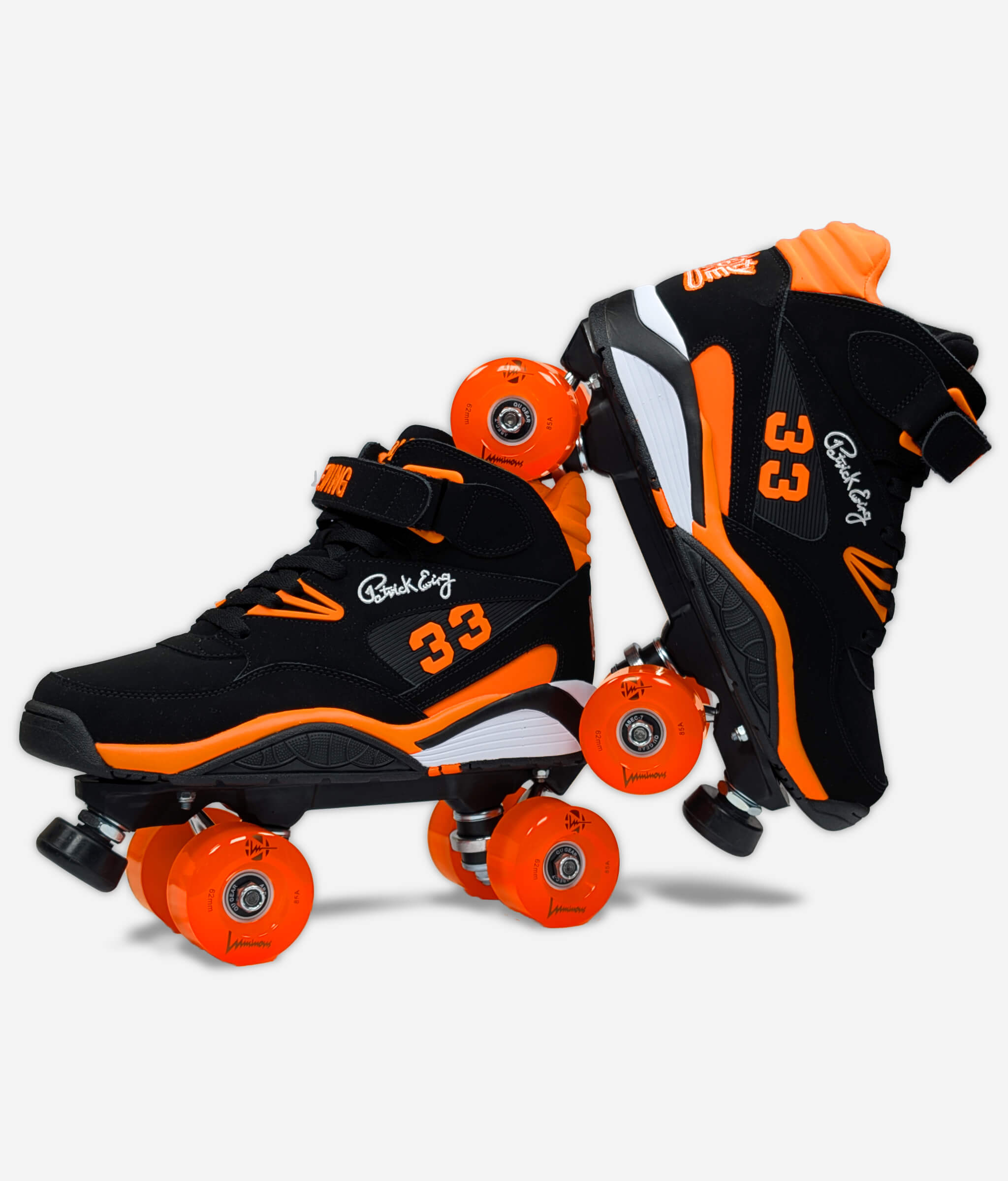 Ewing Kross x Naughty by Nature roller skate sneakers made by Loumy's World in black and orange, with one tilted roller skate balanced on the other