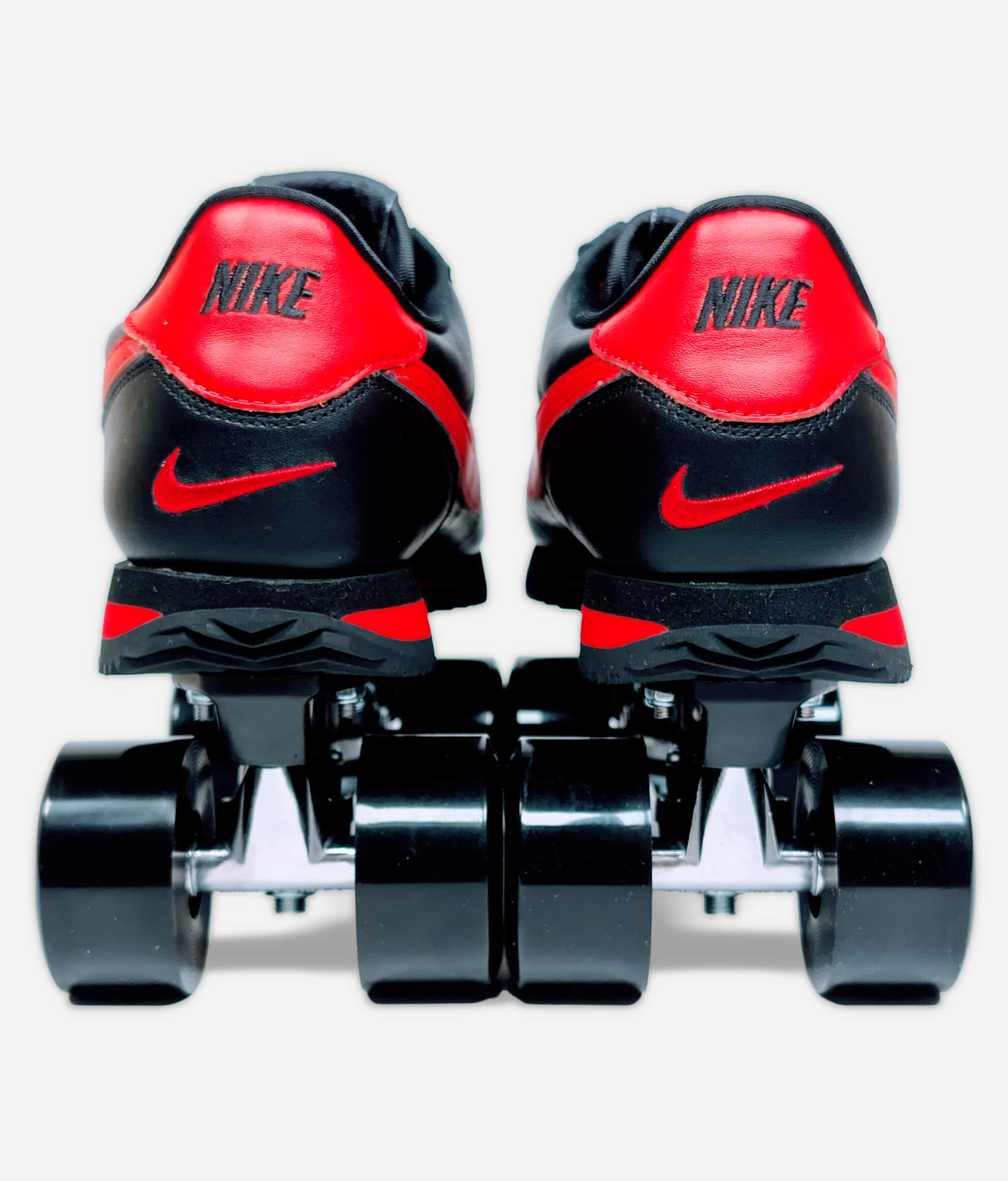 Rear view of handmade Nike Cortez roller skate sneakers by Loumy x Kazy