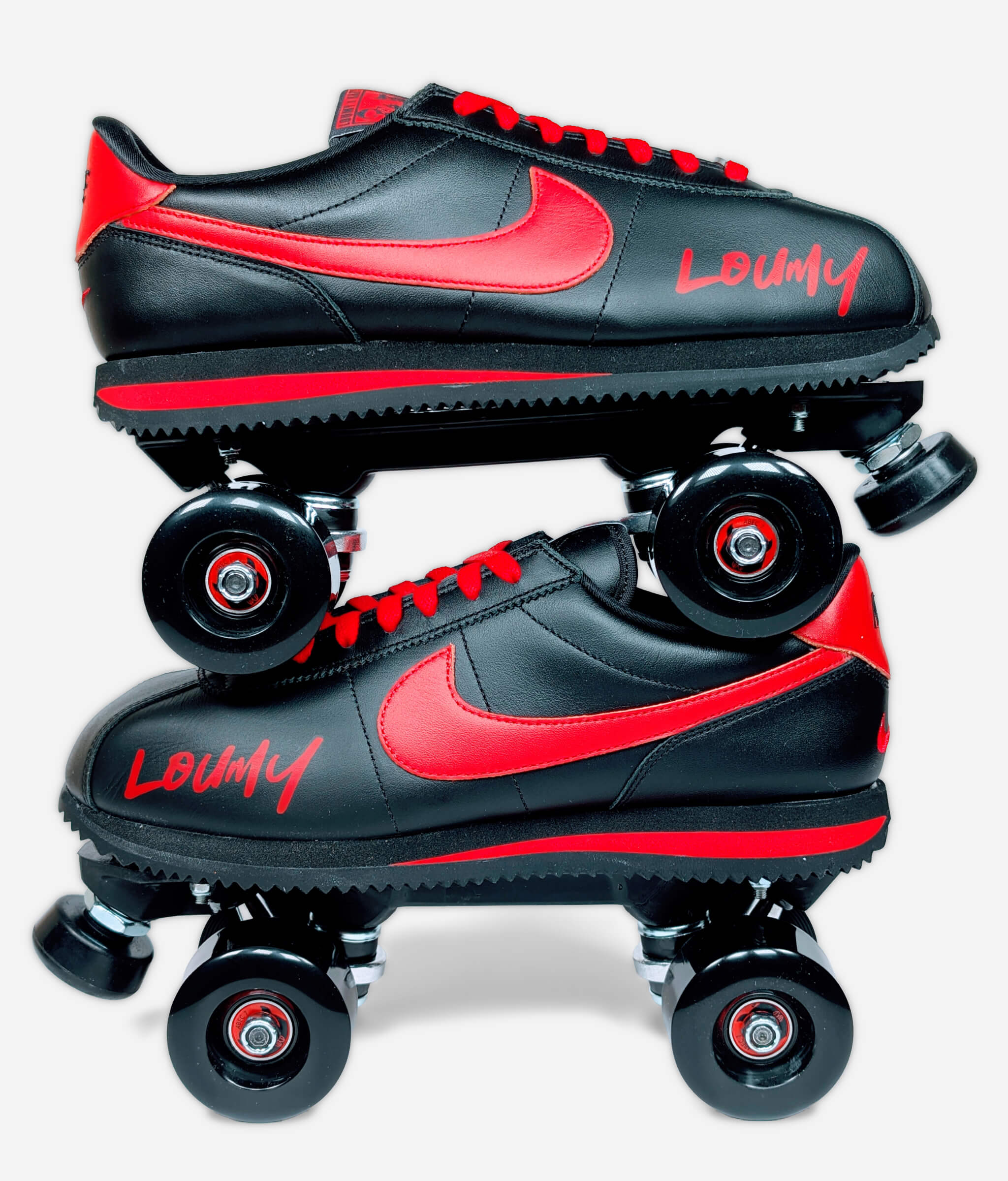 Stacked custom roller skate sneakers built from Nike Cortez by Loumy x Kazy, black leather with bold red highlights and premium outdoor setup