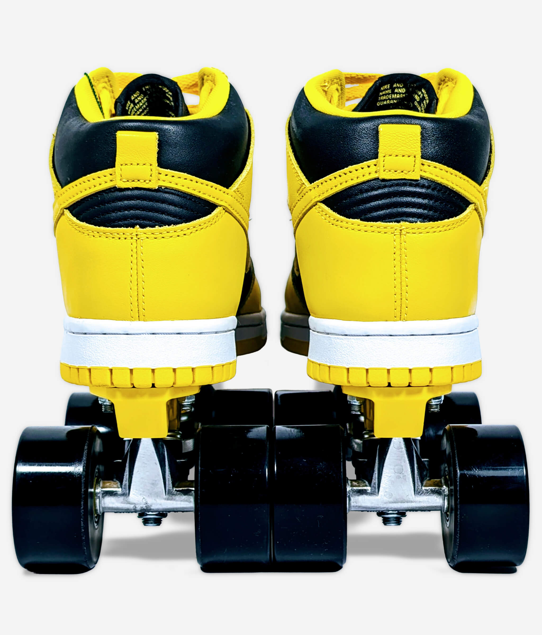 Back view of the Nike Wu-Tang Clan Dunk roller skate sneakers by Loumy's World in black and yellow