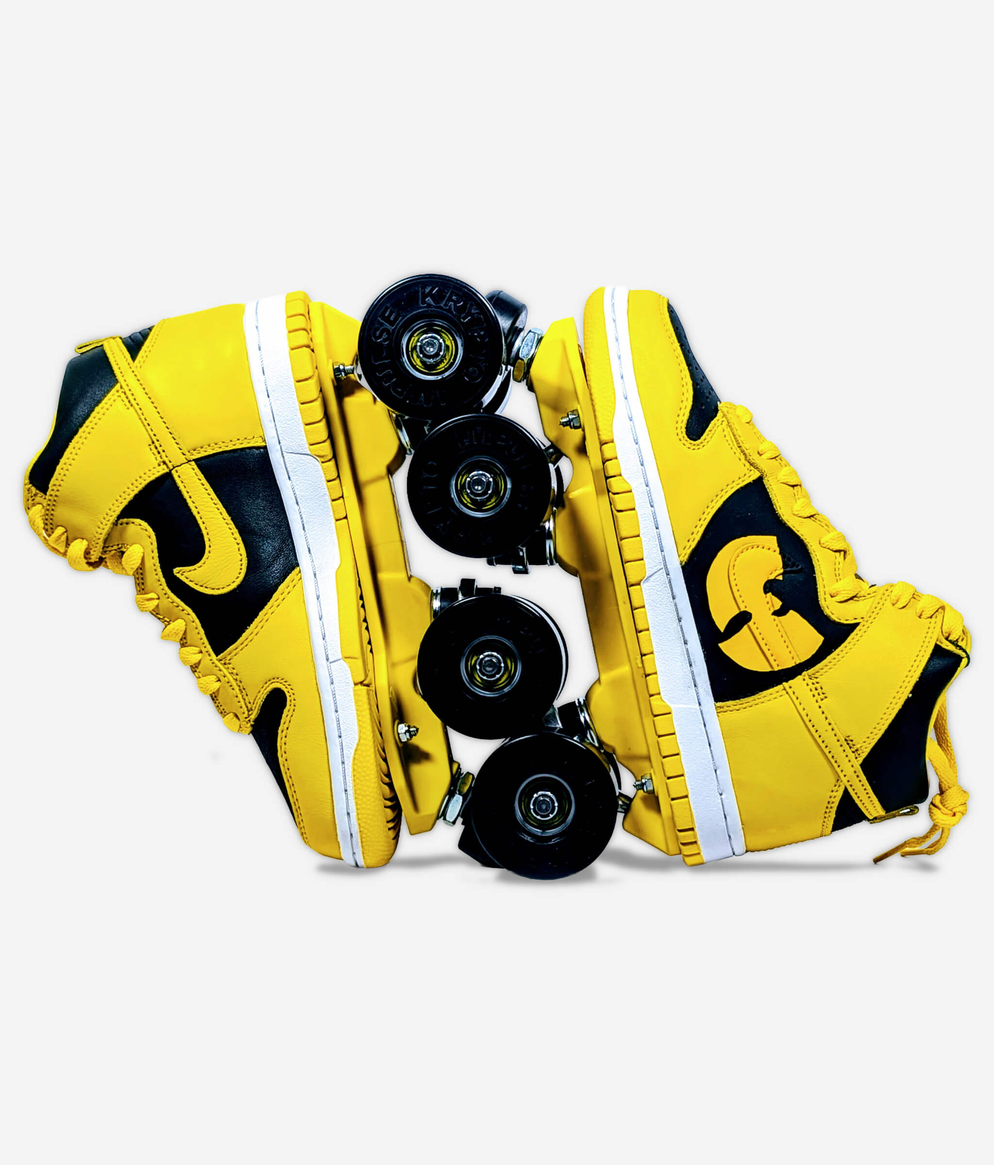 Nike Wu-Tang Clan Dunk roller skate sneakers by Loumy's World in black and yellow with interlocked wheels and Wu-Tang Clan logo