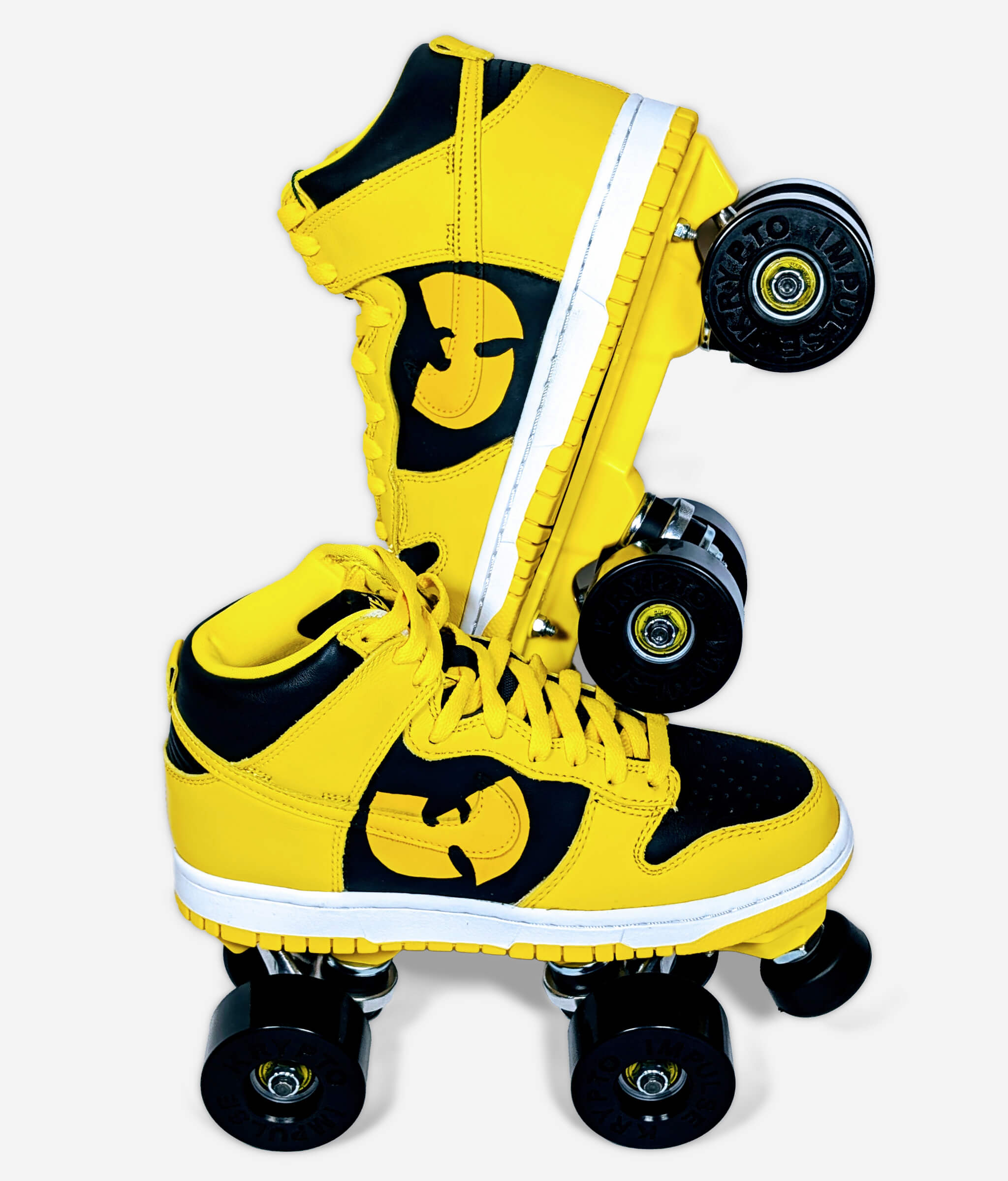 Nike Wu-Tang Clan Dunk roller skate sneakers by Loumy's World in black and yellow, with one tilted and balanced behind the other and the two Wu-Tang Clan logos visible