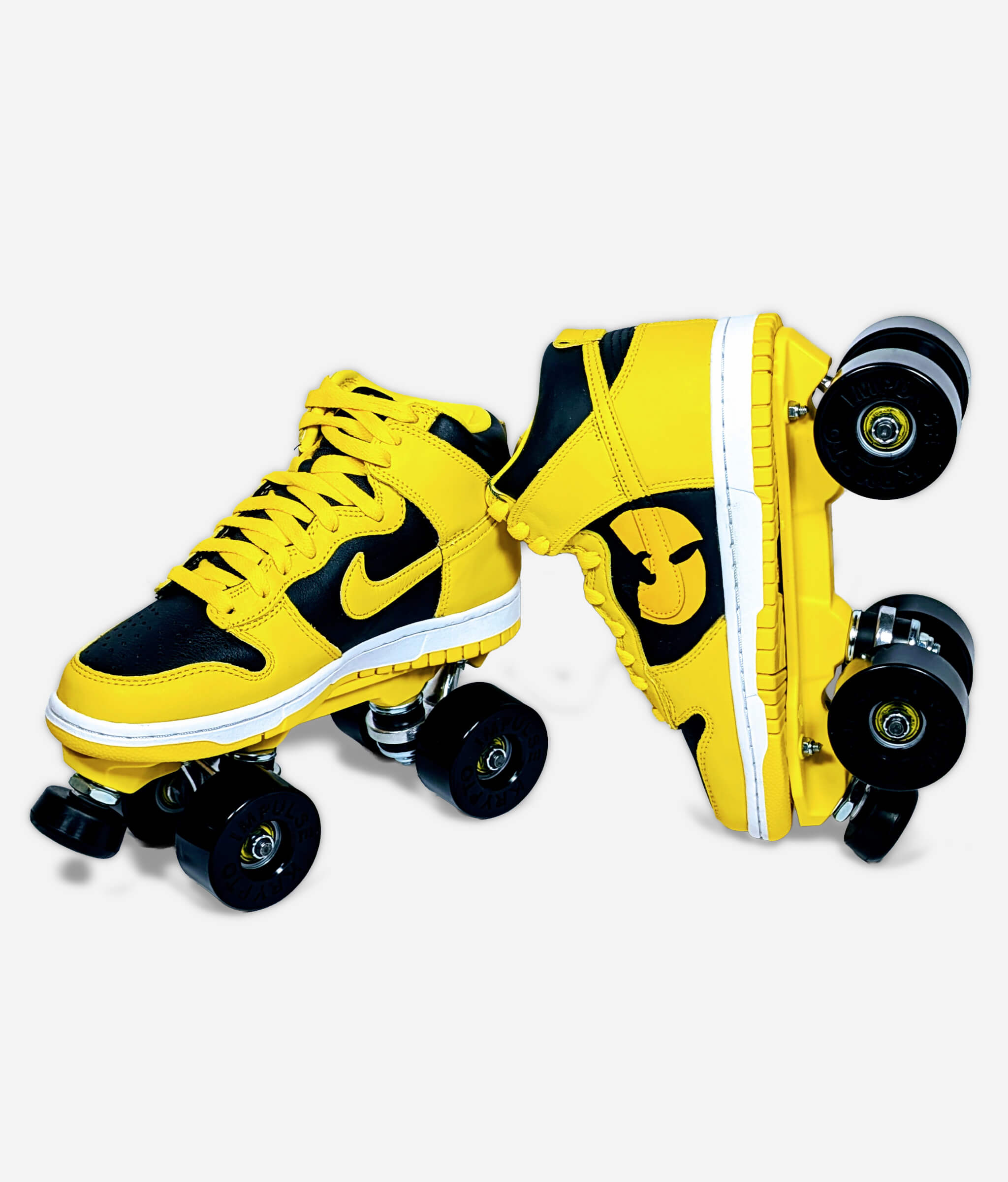 Nike Wu-Tang Clan Dunk roller skate sneakers by Loumy's World in black and yellow, with one tilted and balanced against the other, featuring Wu-Tang Clan logo