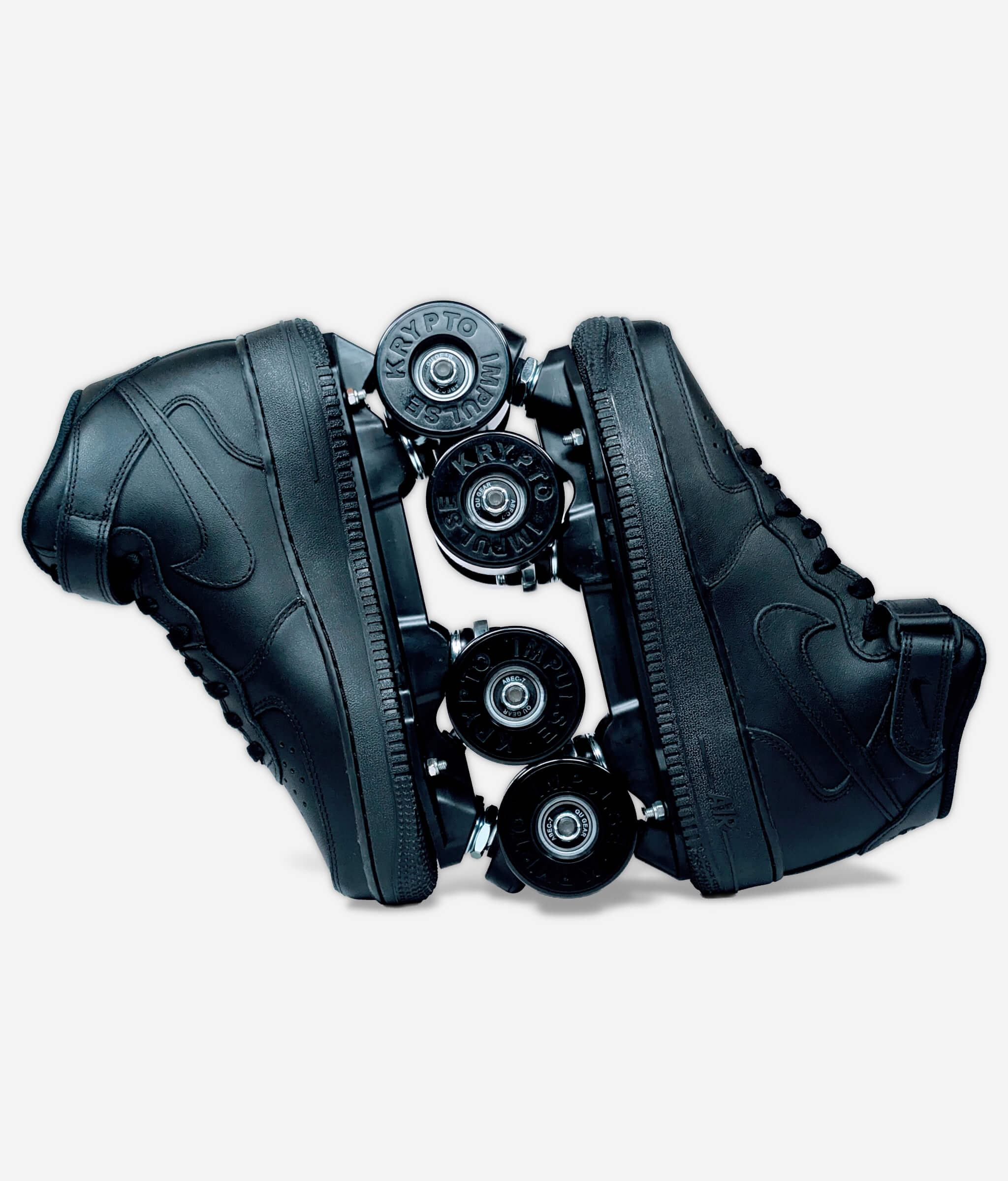 Loumy's Nike Air Force 1 Mid roller skate sneakers in all black, displayed vertically with interlocked wheels