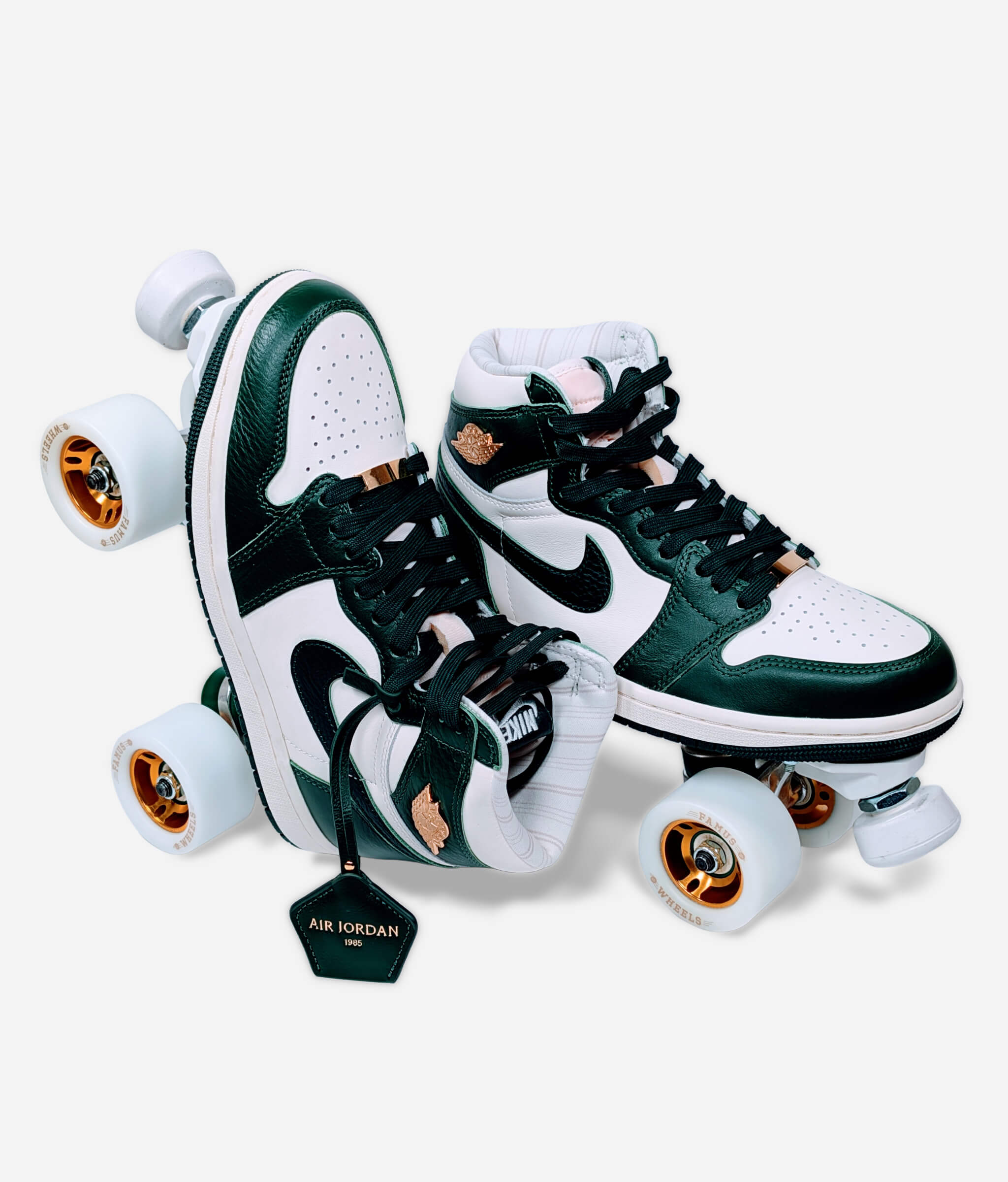 Loumy Nike Air Jordan Retro OG roller skate sneakers in green and gold, one flat and one standing on the heel in side-by-side view, with metallic rimmed wheels