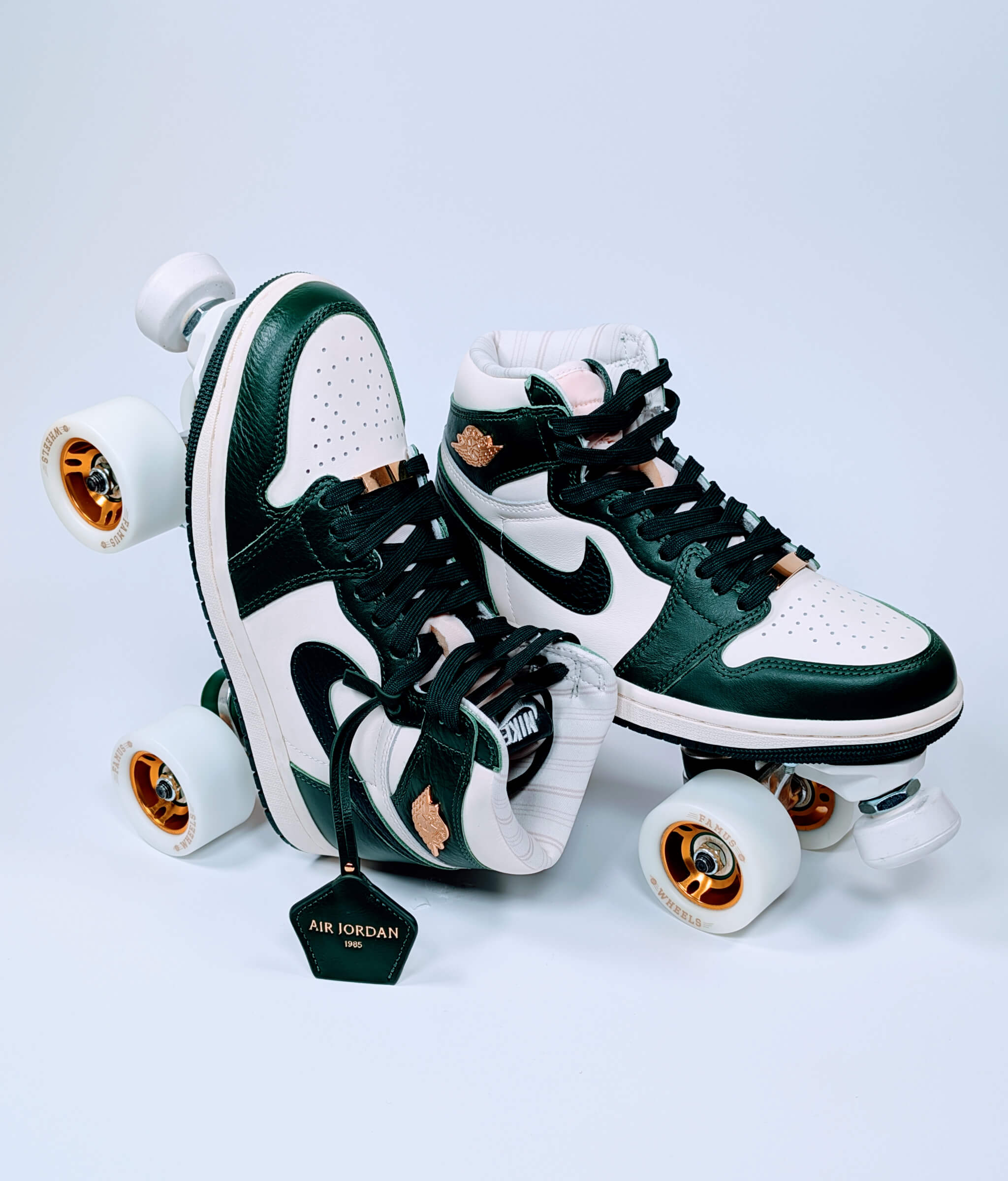 Loumy Nike Air Jordan Retro OG roller sneakers in green and gold, one flat and one standing on the heel in side-by-side view, with metallic rimmed wheels