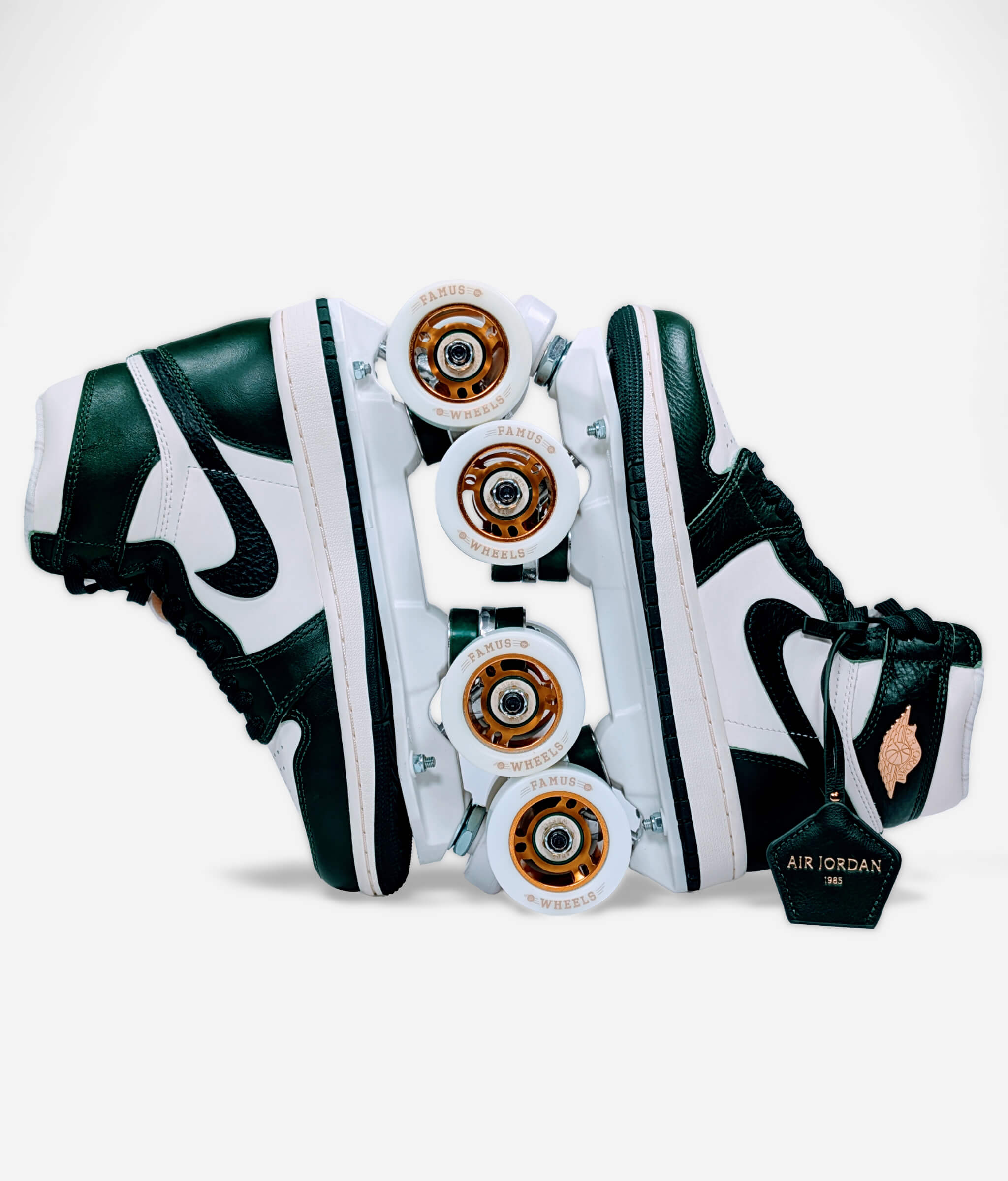 Loumy’s Nike Air Jordan Retro OG roller skate sneakers in green and gold with interlocked wheels