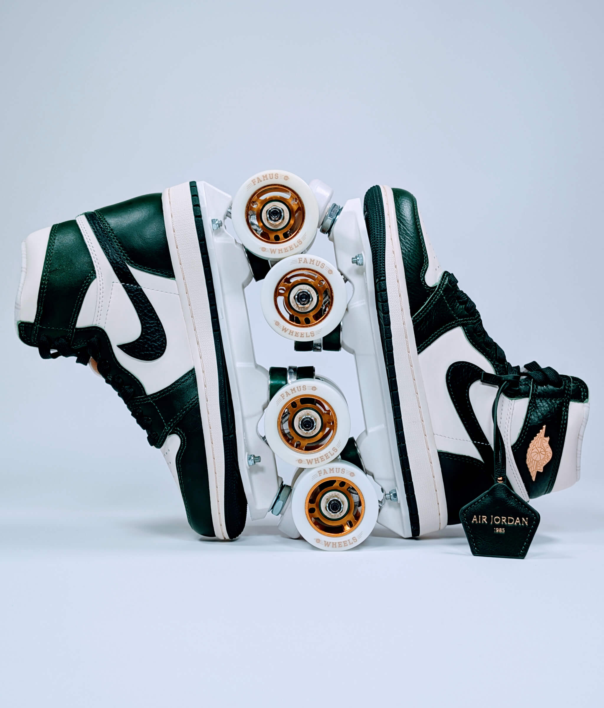 Loumy’s Nike Air Jordan Retro OG roller sneakers in green and gold with interlocked wheels