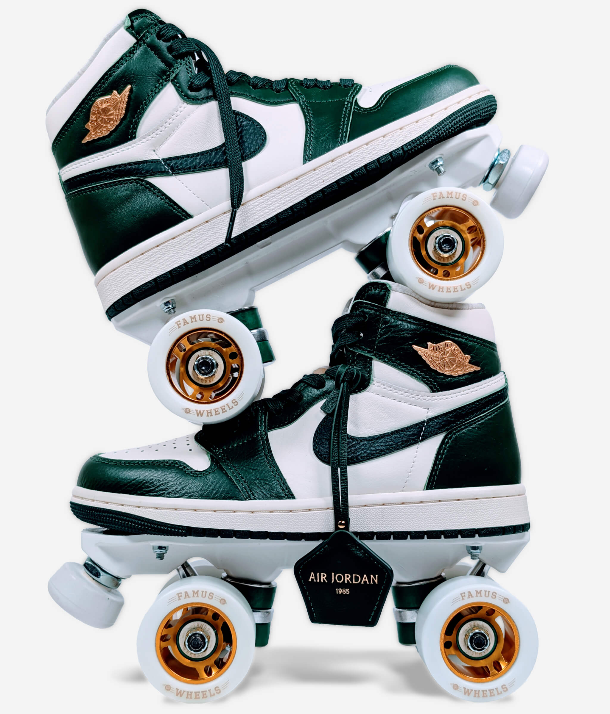 Side view of Loumy's Nike Air Jordan Retro OG roller skate sneakers stacked one over the other, green and gold with metallic rims