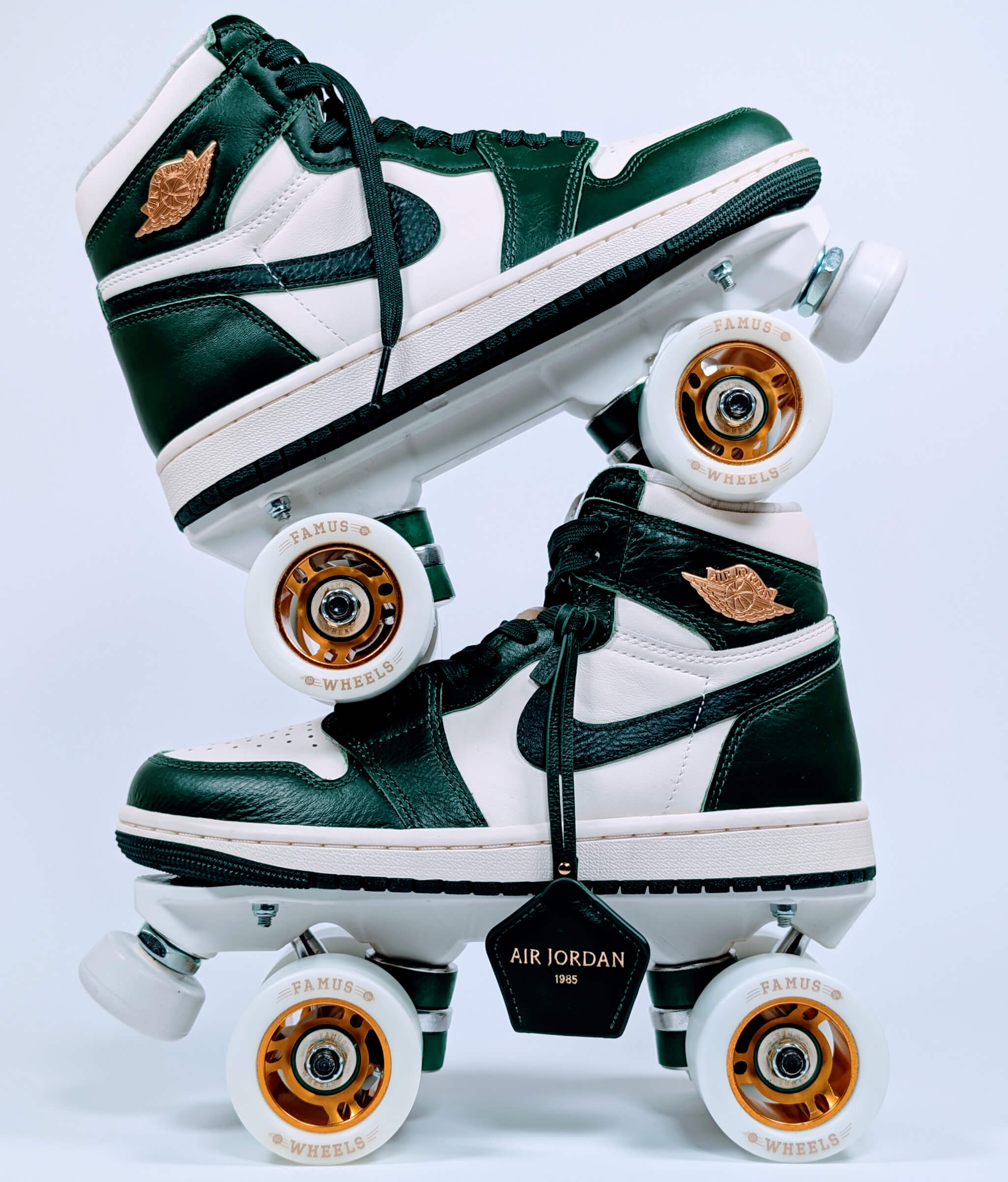 Side view of Loumy's Nike Air Jordan Retro OG roller sneakers stacked one over the other, green and gold with metallic rims
