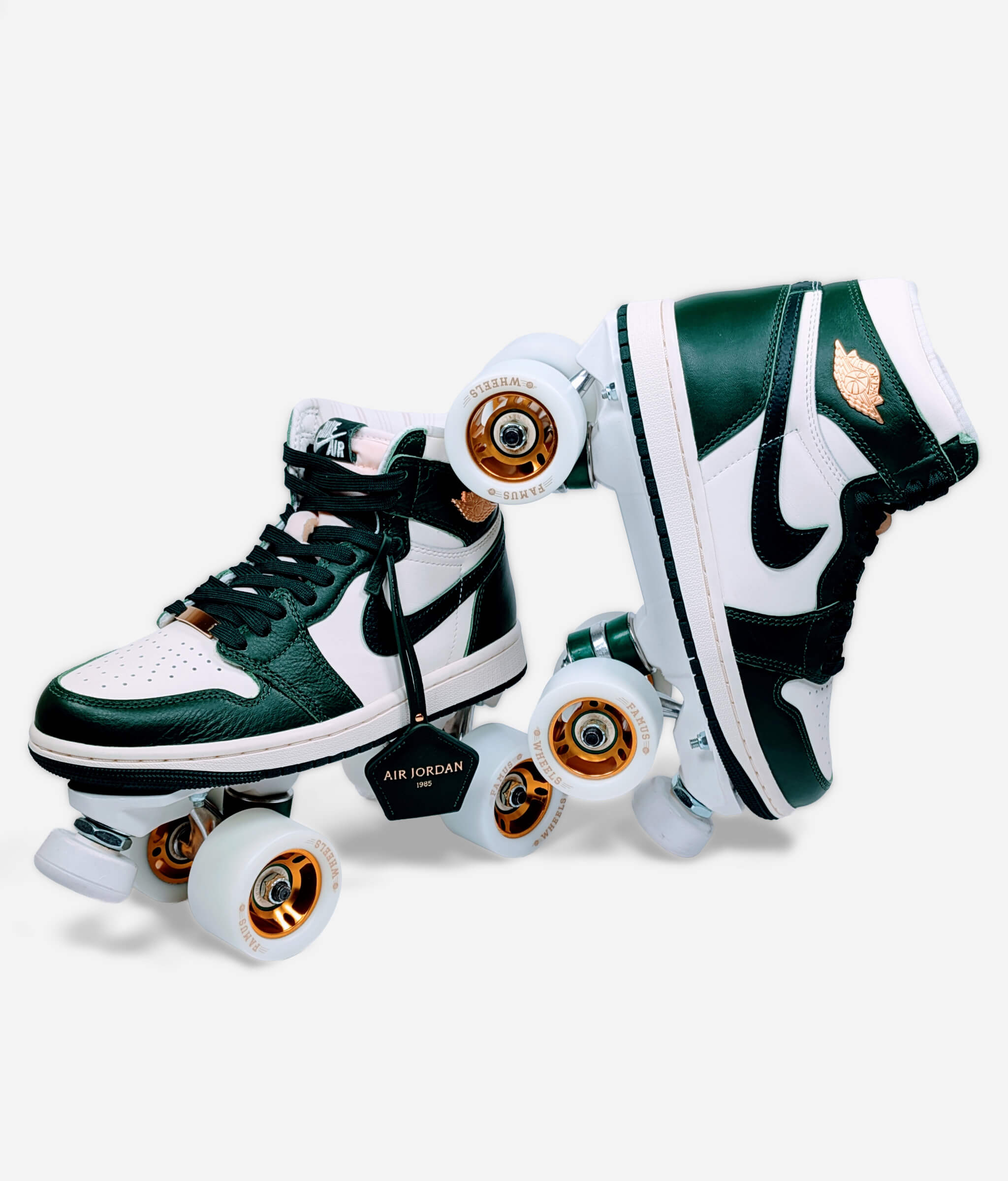 Loumy’s Nike Air Jordan Retro OG roller skate sneakers in green and gold in a tilted view with golden hubs details