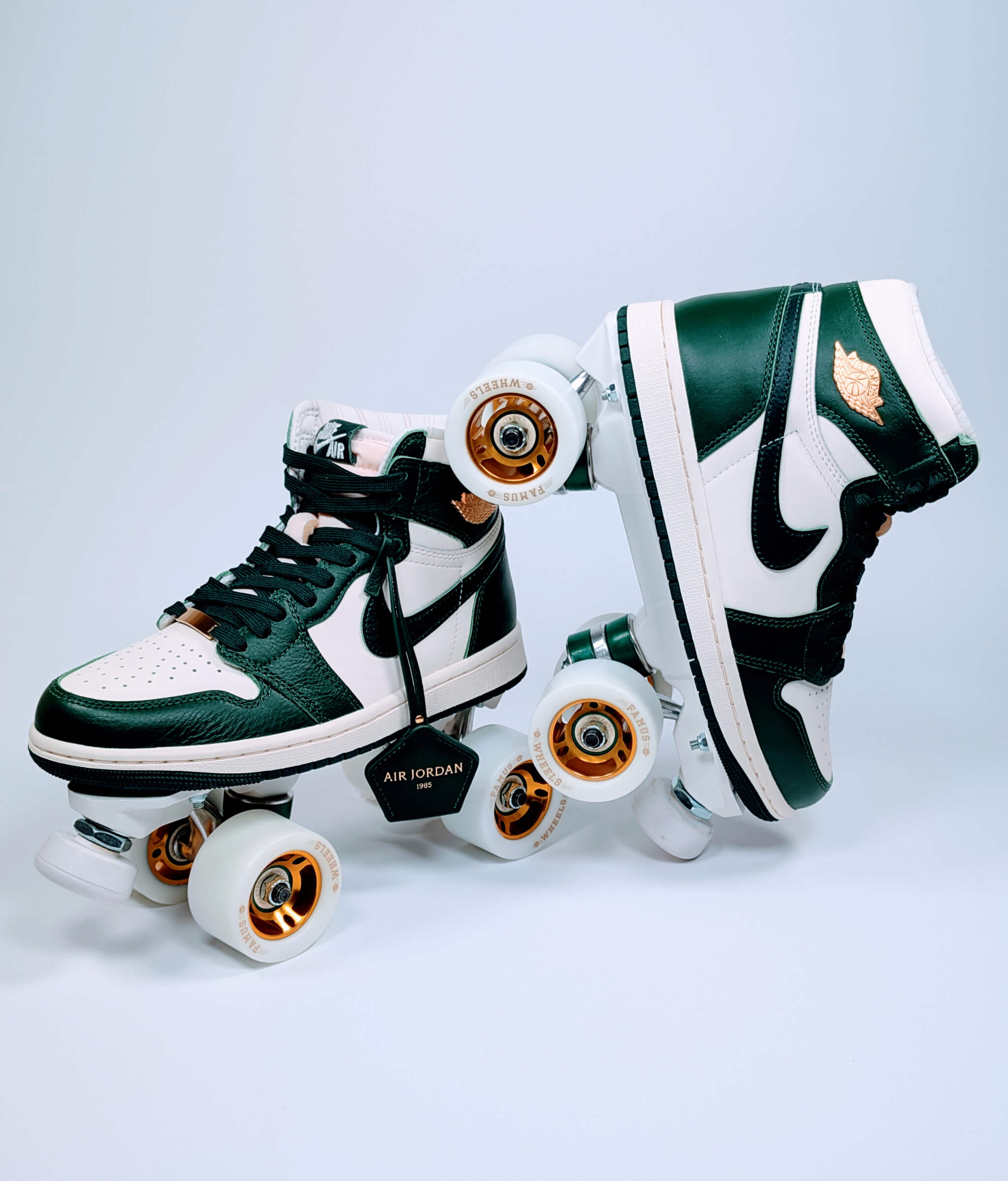 Loumy’s Nike Air Jordan Retro OG roller sneakers in green and gold in a tilted view with red rim details