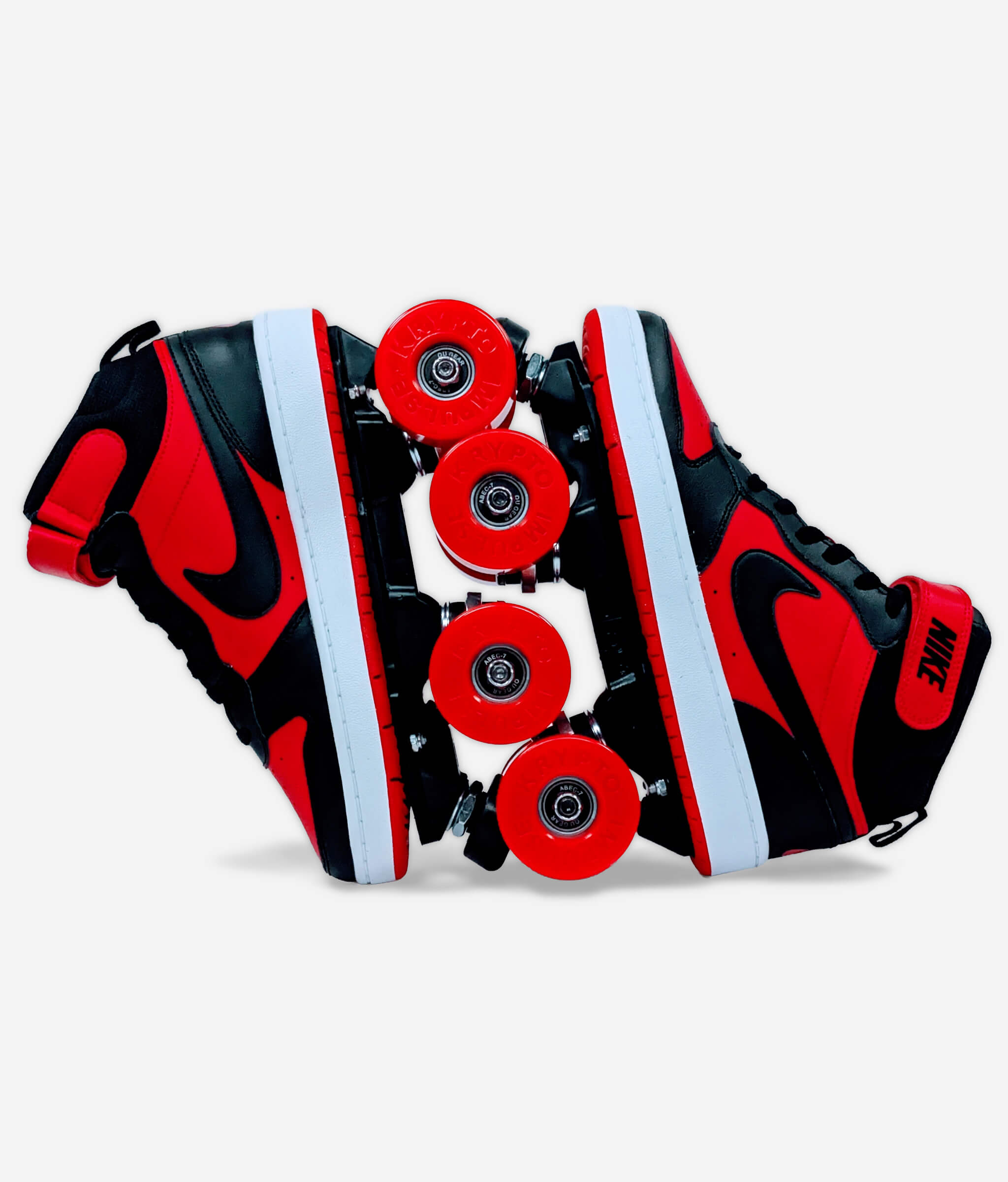 Loumy’s Nike Court Borough roller skate sneakers in red and black with interlocked wheels