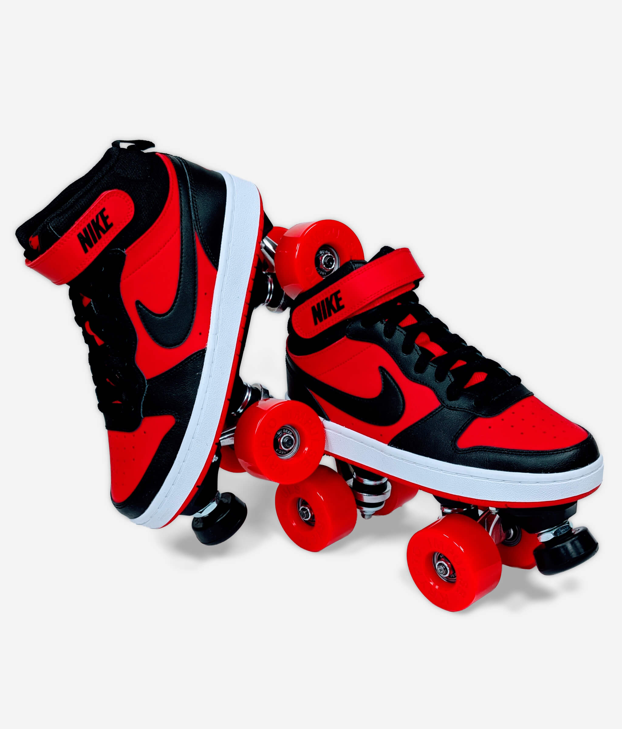 Loumy’s Nike Court Borough roller skate sneakers in red and black in a tilted view